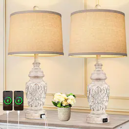 Nordic Hygge - Farmhouse Table Lamps Set of 2, 26” Tall Bedside Lamps with Dual USB Ports, Nightstand Lamps with Carved Floral - Oatmeal White