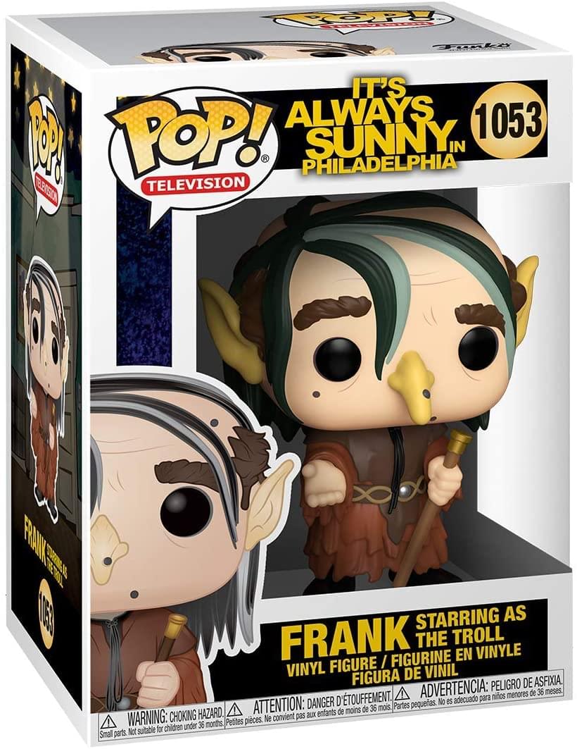 **Front:**
- POP! TELEVISION
- IT'S ALWAYS SUNNY IN PHILADELPHIA
- 1053
- FRANK STARRING AS THE TROLL
- VINYL FIGURE / FIGURINE EN VINYLE / FIGURA DE VINIL

**Warnings:**
- WARNING: CHOKING HAZARD. Small parts. Not suitable for children under 36 months.
- ATTENTION: DANGER D'ÉTOUFFEMENT. Petites pièces. Ne convient pas aux enfants de moins de 36 mois.
- ADVERTENCIA: PELEIGRO DE ASFIXIA. Partes pequeñas. No es adecuado para niños menores de 36 meses.

**Side:**
- POP! TELEVISION
- FRANK STARRING AS THE TROLL
- 1053