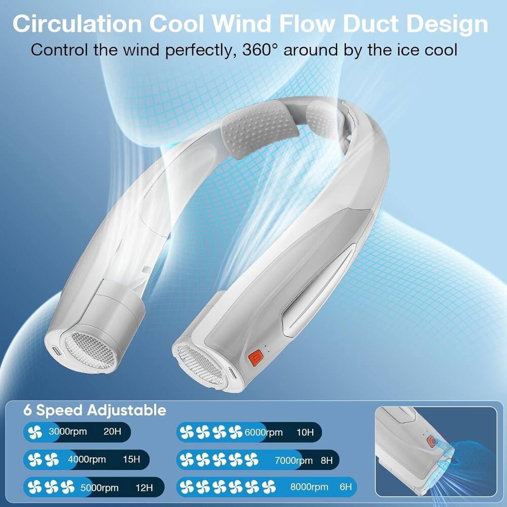 Circulation Cool Wind Flow Duct Design  
Control the wind perfectly, 360° around by the ice cool  

6 Speed Adjustable  
3000rpm 20H  
4000rpm 15H  
5000rpm 12H  
6000rpm 10H  
7000rpm 8H  
8000rpm 6H