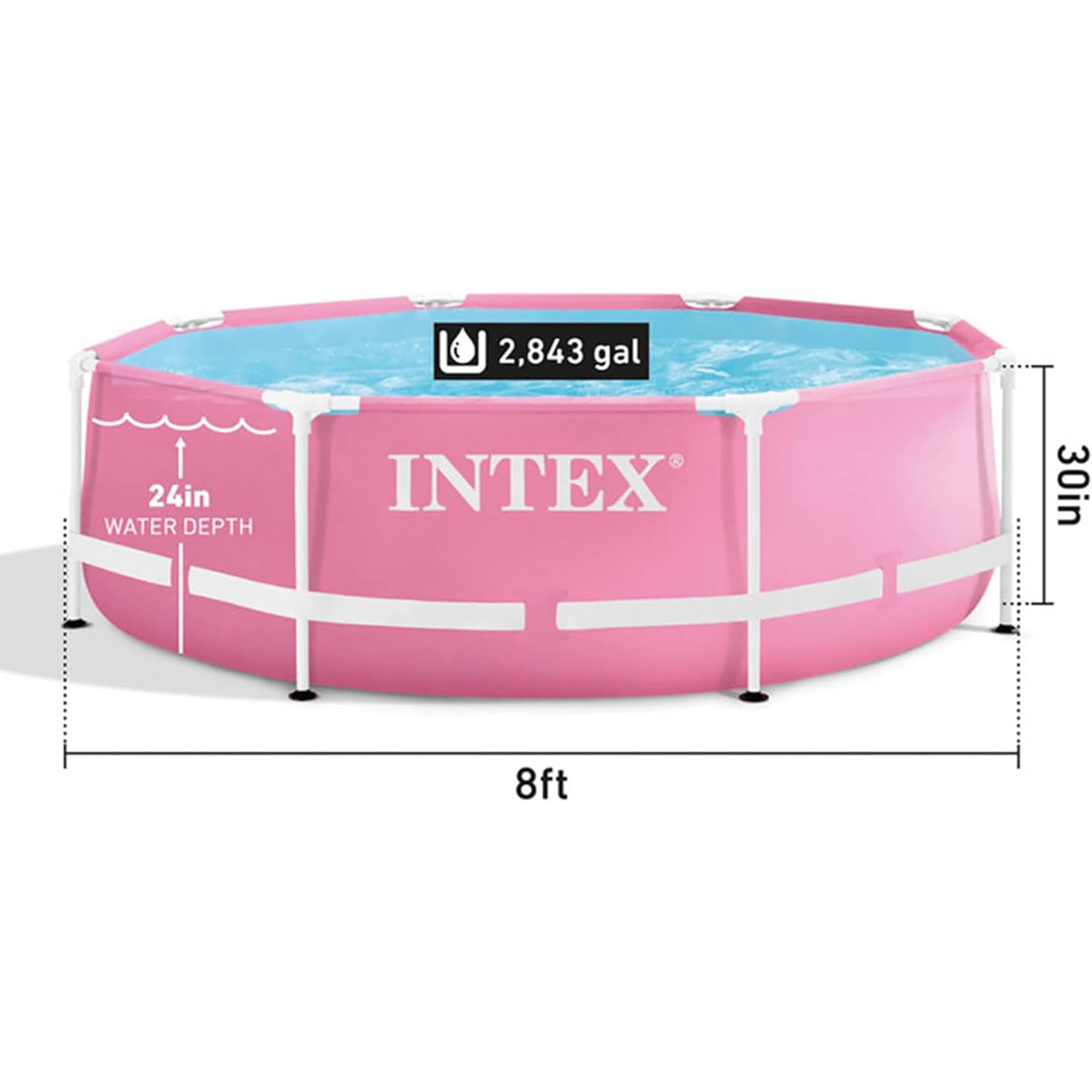 The text on the image reads: "2,843 gal 24in WATER DEPTH INTEX 30in 8ft."