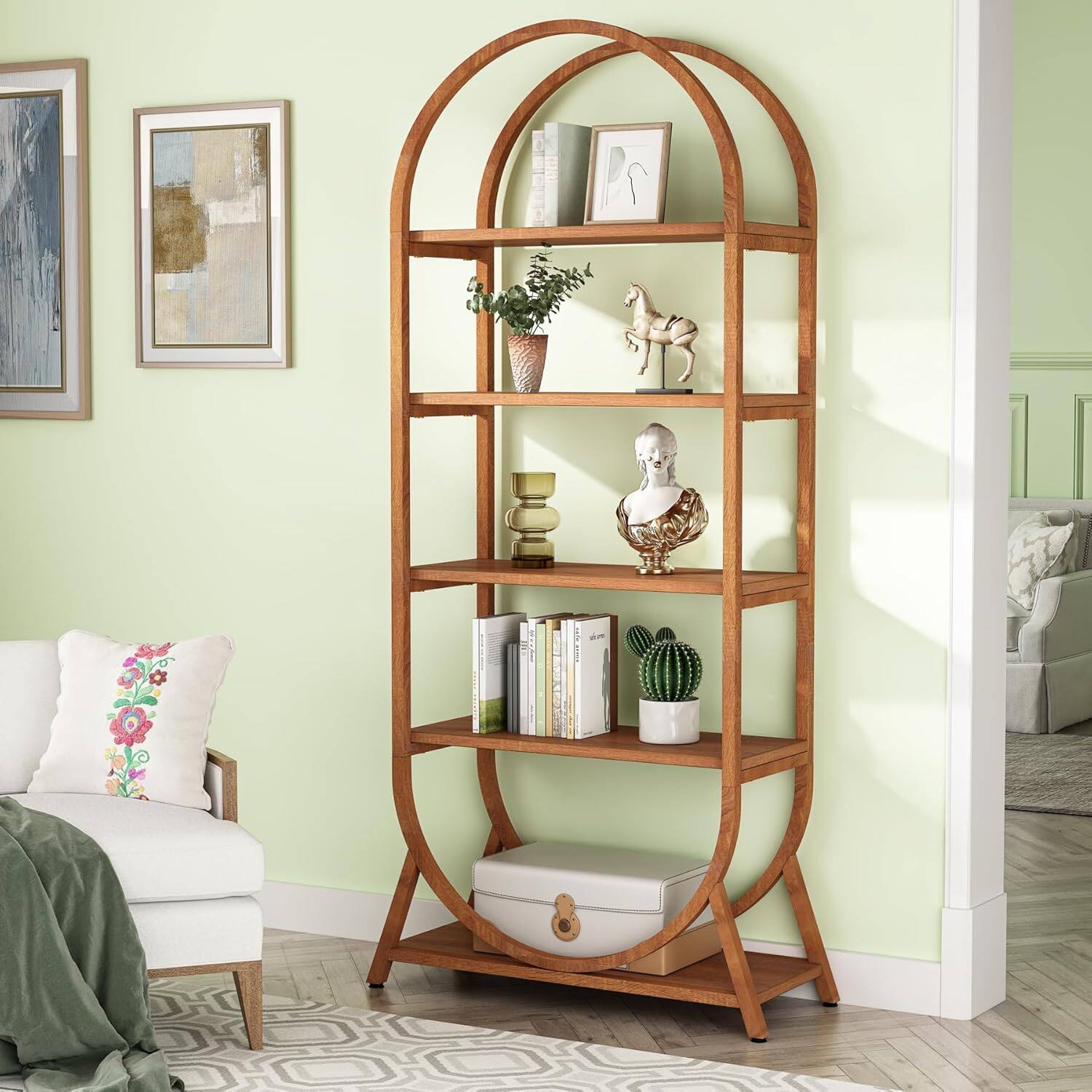 Alt View 3. TinyHomie - 70.8in 5-Tier Modern Brown Arched Open Bookshelf for Office Bedroom Living Room - Brown.