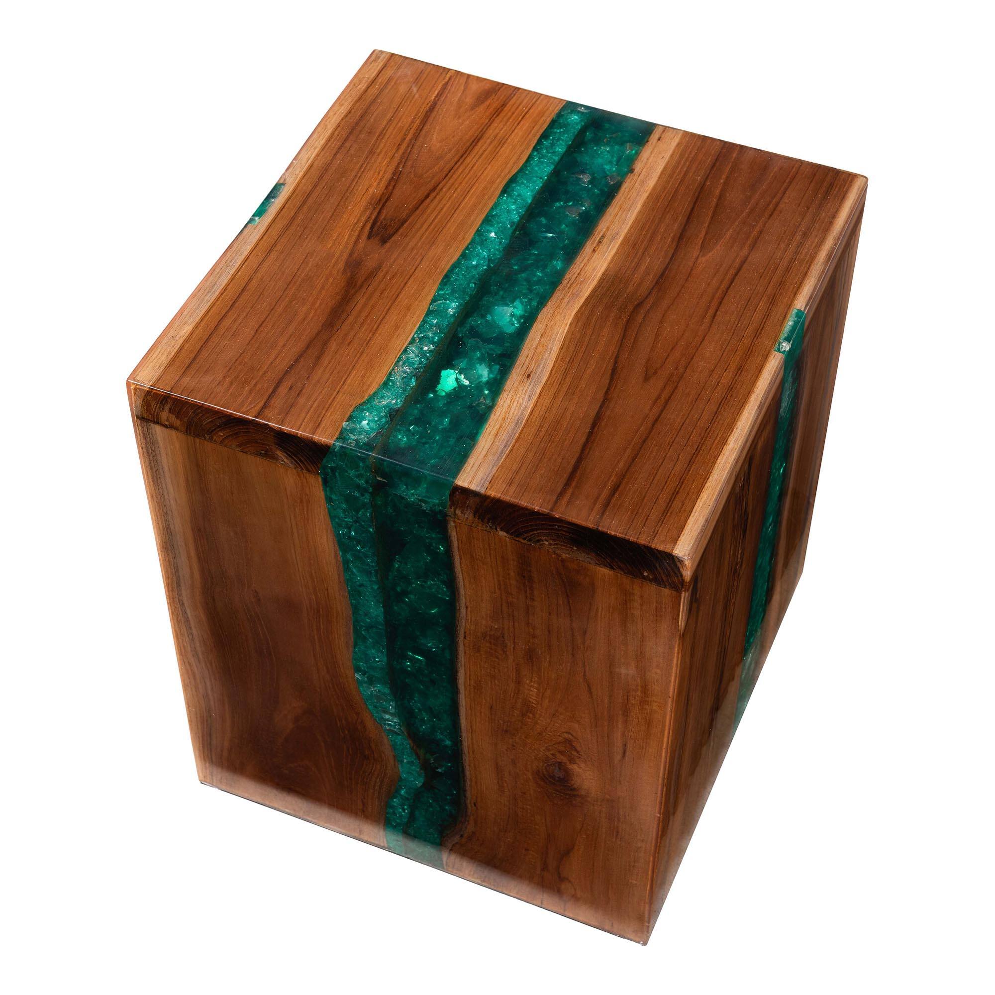 Back. bali & pari - Anan Teak Wood Epoxy Resin End Table - Live Edge Cube Side Table, Accent Table, Cube - Natural Brown/Green.