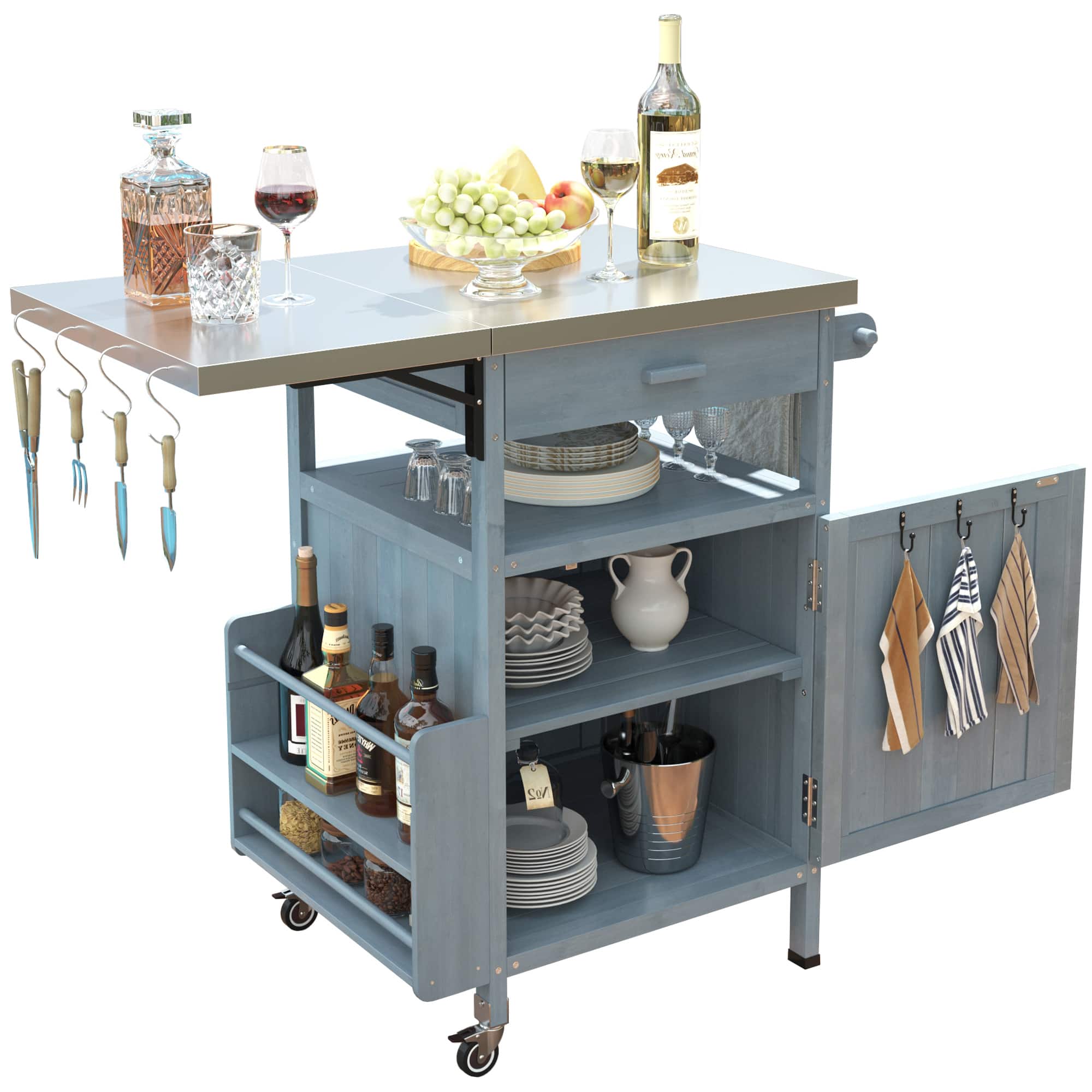Spaco - 40" Outdoor Grill Cart with Stainless Steel Top, Teak Cabinet, Drop Leaf Drawer Towel Rack,Rolling Lockable Wheels - Blue+Grey