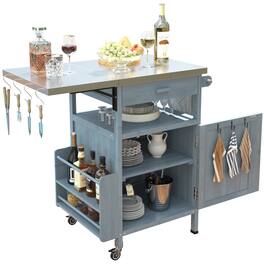 Spaco - 40" Outdoor Grill Cart with Stainless Steel Top, Teak Cabinet, Drop Leaf Drawer Towel Rack,Rolling Lockable Wheels - Blue+Grey