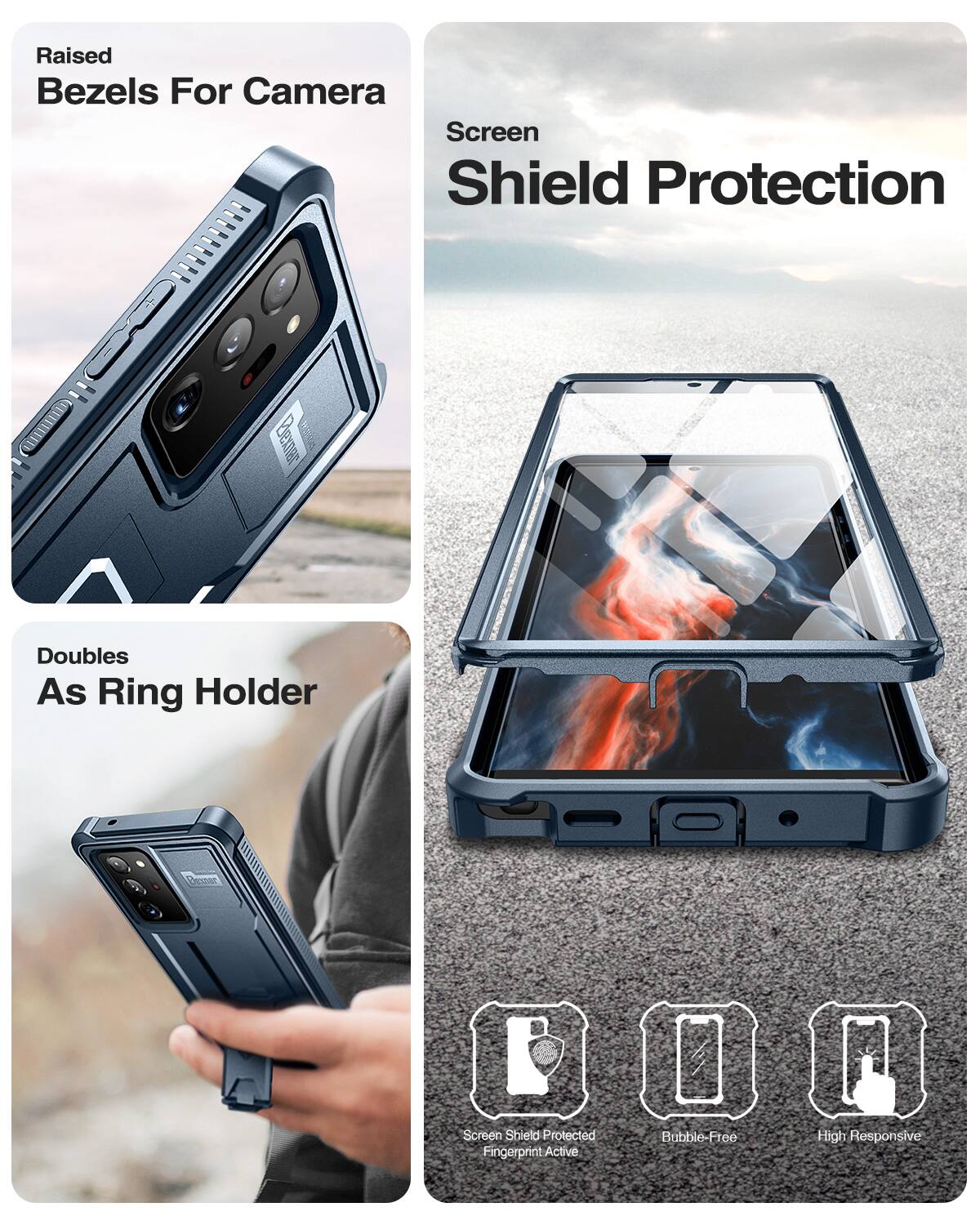 Raised Bezels For Camera, Screen Shield Protection, Doubles As Ring Holder, Screen Shield Protected, Fingerprint Active, Bubble-Free, High Responsive