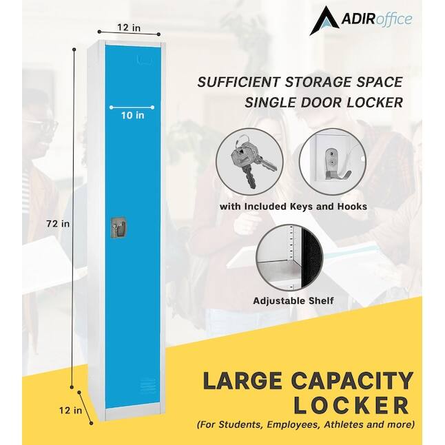 ADIRoffice, LARGE CAPACITY LOCKER (For Students, Employees, Athletes and more), SUFFICIENT STORAGE SPACE SINGLE DOOR LOCKER, 72 in, 12 in, 10 in, with Included Keys and Hooks, Adjustable Shelf, 12 in