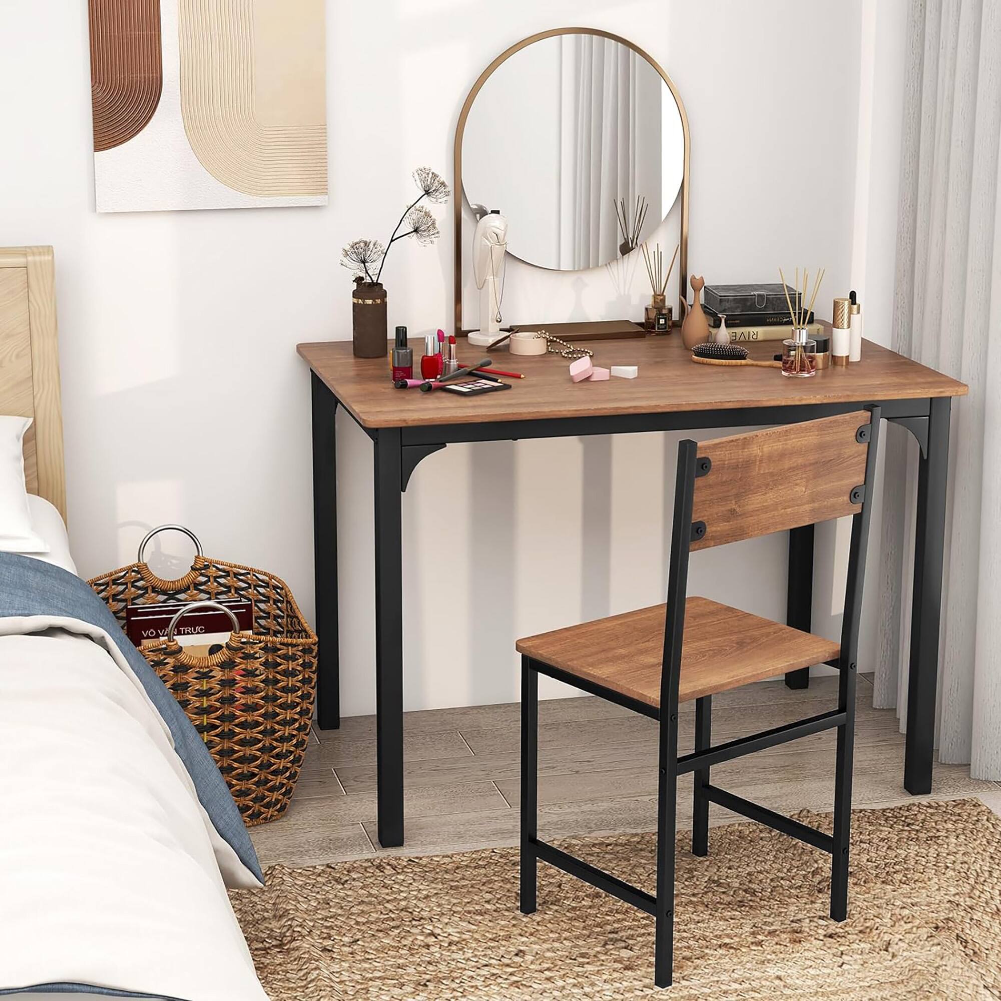 Alt View 7. Gymax - Gymax 4pcs Dining Table Set Rustic Desk 2 Chairs & Bench w/ Storage Rack Brown - Brown.