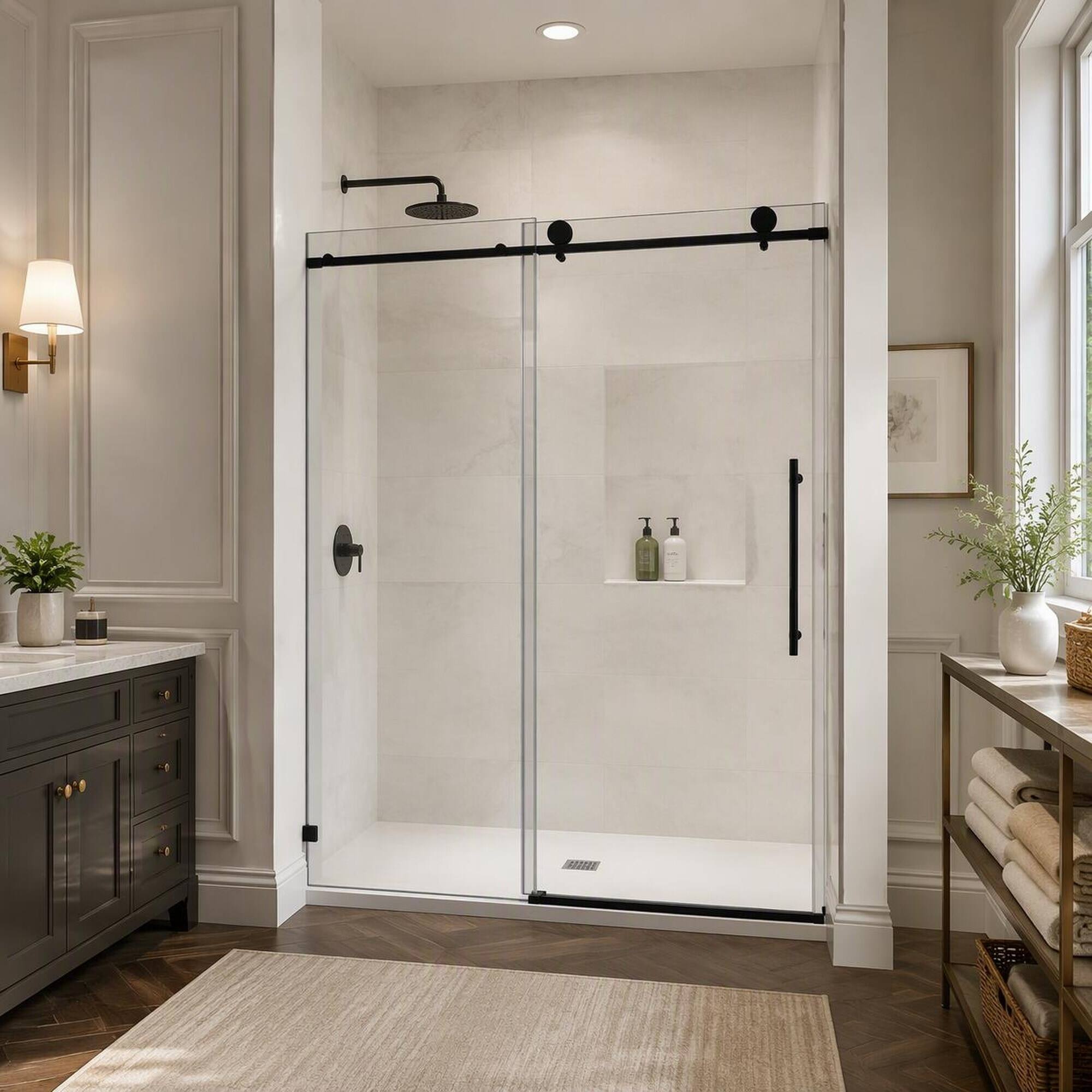 Back. RYHNUYNE - Black Frameless Shower Door With 70mm Steel Pulleys, Soft Close And Nano Easy Clean - Matte Black.