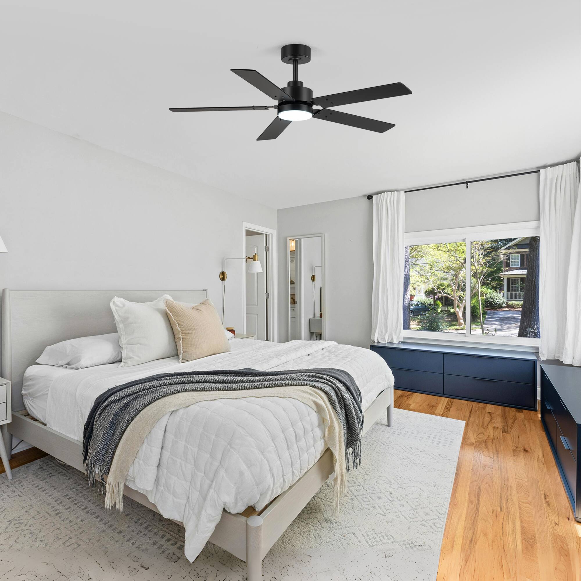 Alt View 1. Breezary - 48-Inch Ceiling Fan with LED Light, Reversible 5 Plywood Blades, DC Motor 30W, Includes 5 & 10-Inch Downrods, Remote - Black(with light).