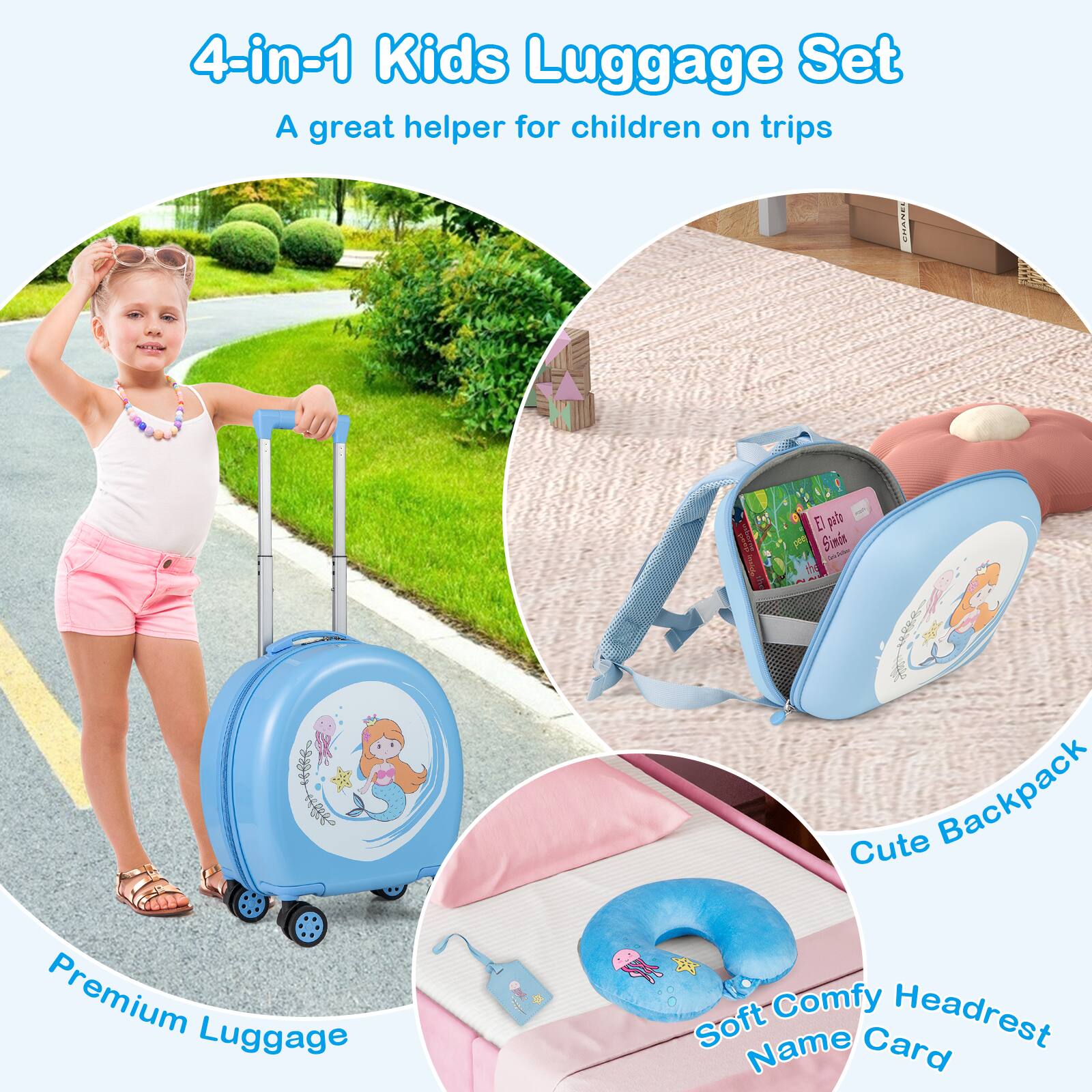 4-in-1 Kids Luggage Set  
A great helper for children on trips  

Premium Luggage  
Cute Backpack  
Soft Comfy Headrest  
Name Card