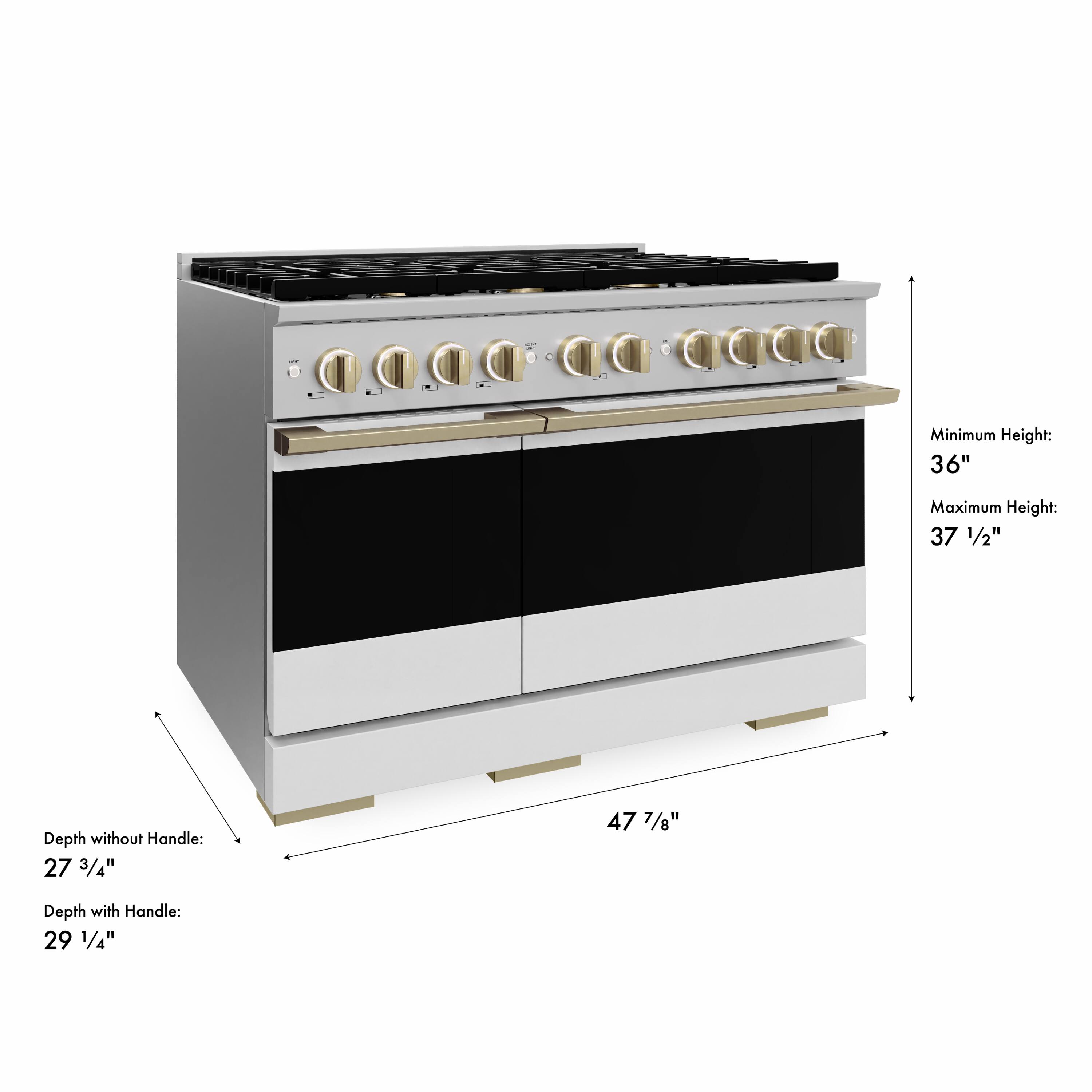 Minimum Height: 36"  
Maximum Height: 37 1/2"  
Depth without Handle: 27 3/4"  
Depth with Handle: 29 1/4"