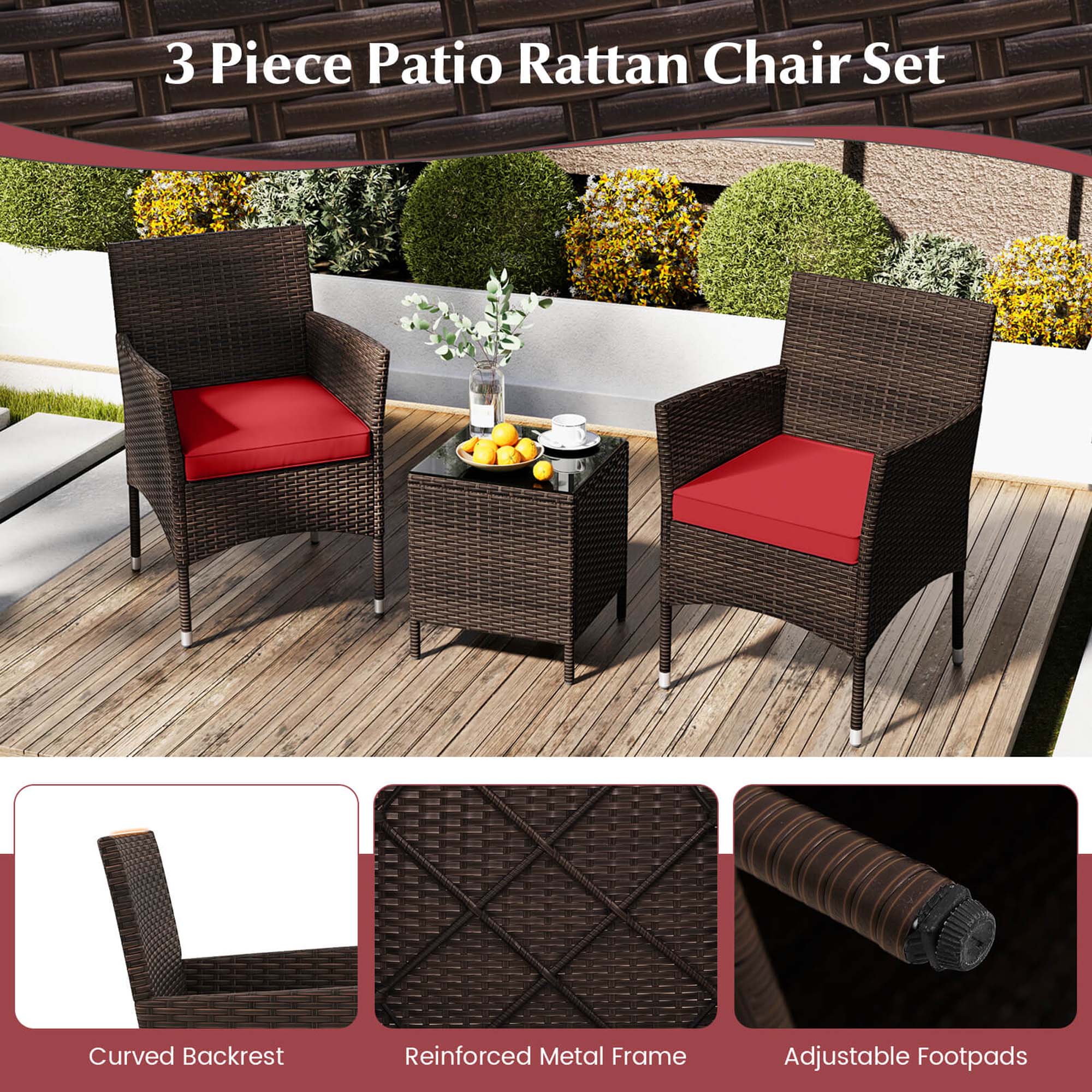 3 Piece Patio Rattan Chair Set Curved Backrest Reinforced Metal Frame Adjustable Footpads
