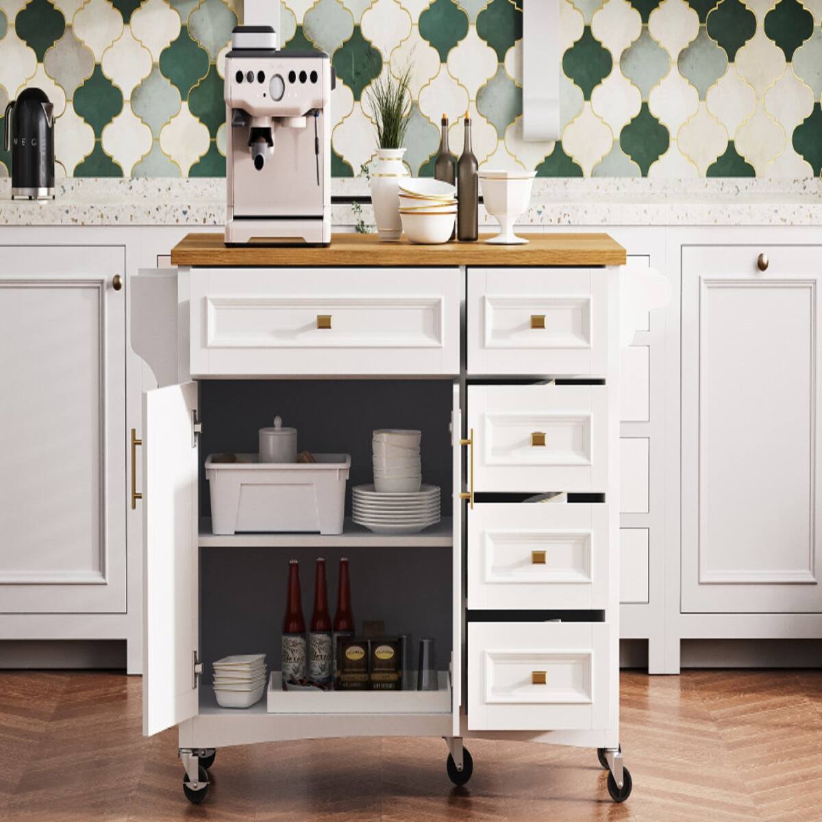 Alt View 1. Loheer - Loheer 52 inch kitchen island with drop leaf white rolling kitchen cart with spice rack - White.