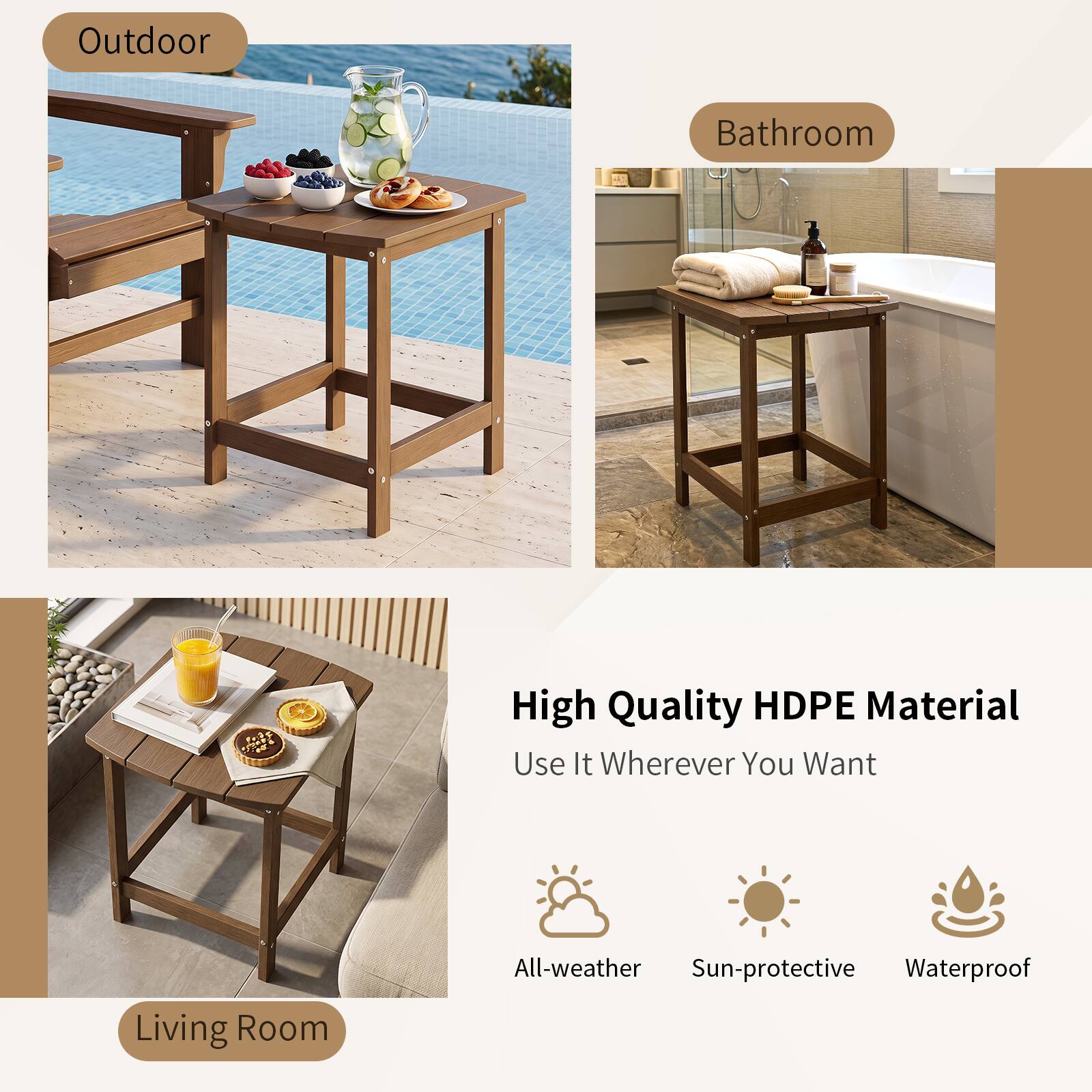 Outdoor  
Bathroom  
High Quality HDPE Material  
Use It Wherever You Want  
Living Room  
All-weather Sun-protective Waterproof