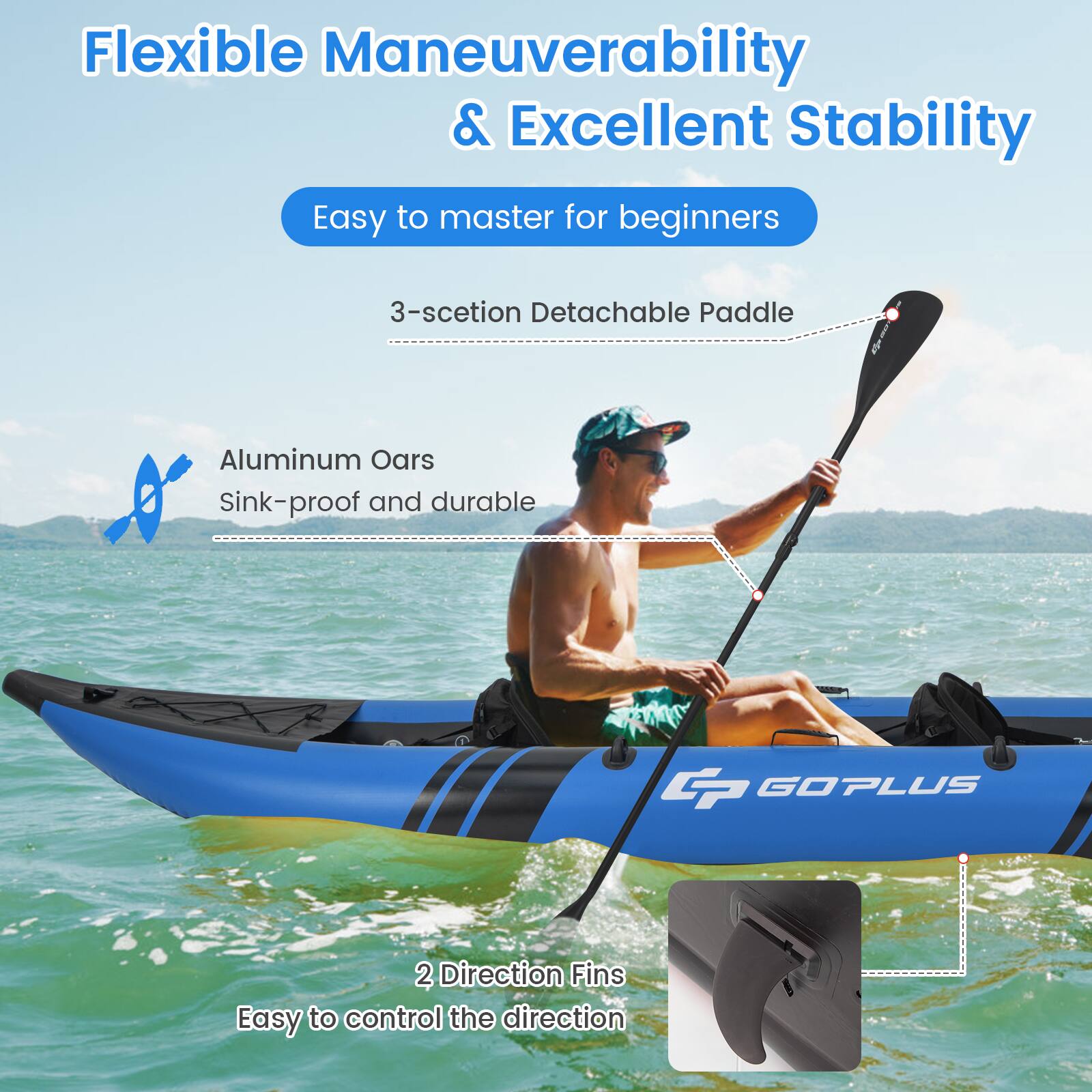 Flexible Maneuverability & Excellent Stability: Easy to Master for Beginners - 3-Section Detachable Paddle - Aluminum Oars - Sink-Proof and Durable - GP GOPLUS 2 Direction Fins - Easy to Control the Direction