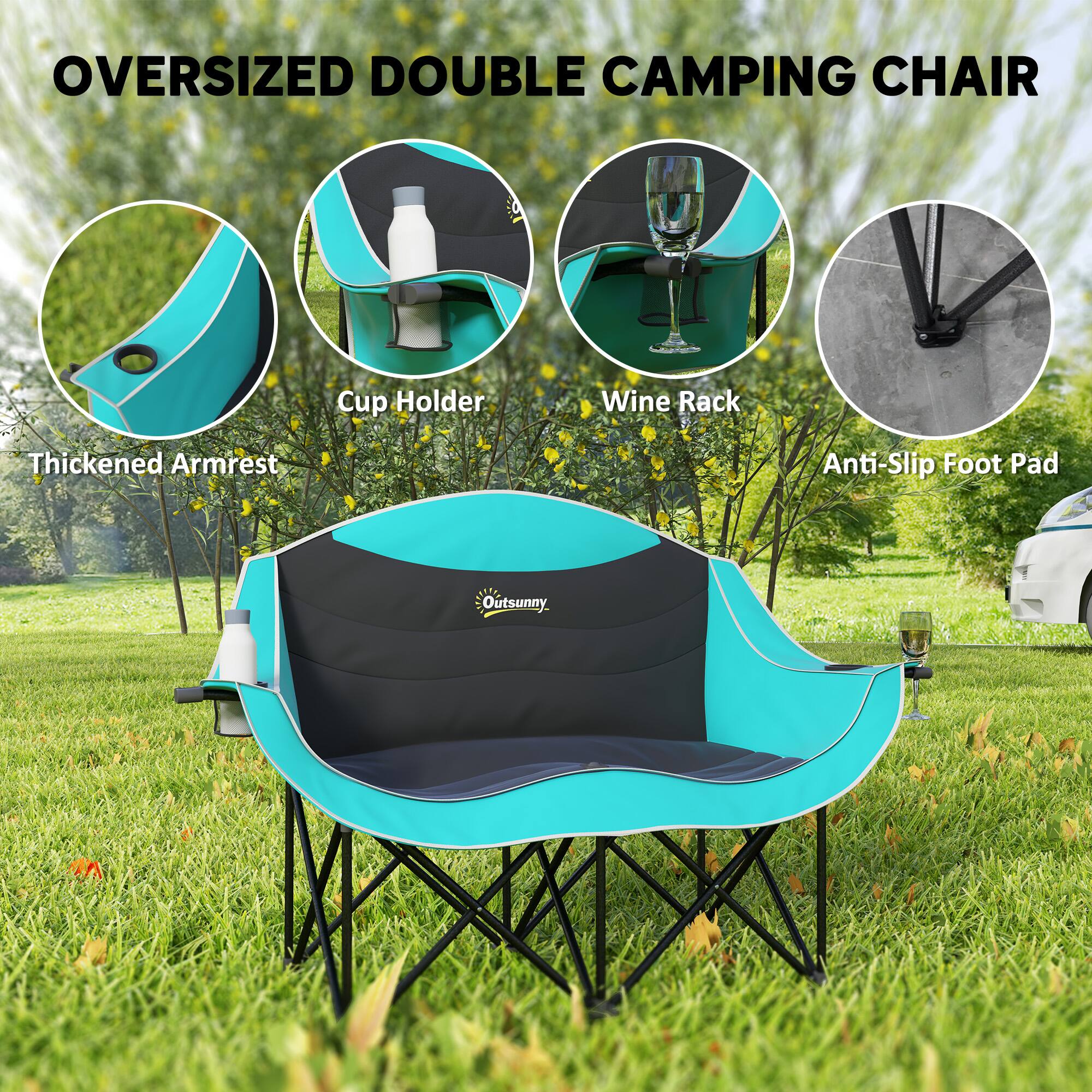OVERSIZED DOUBLE CAMPING CHAIR
Cup Holder
Wine Rack
Thickened Armrest
Anti-Slip Foot Pad
Outsunny