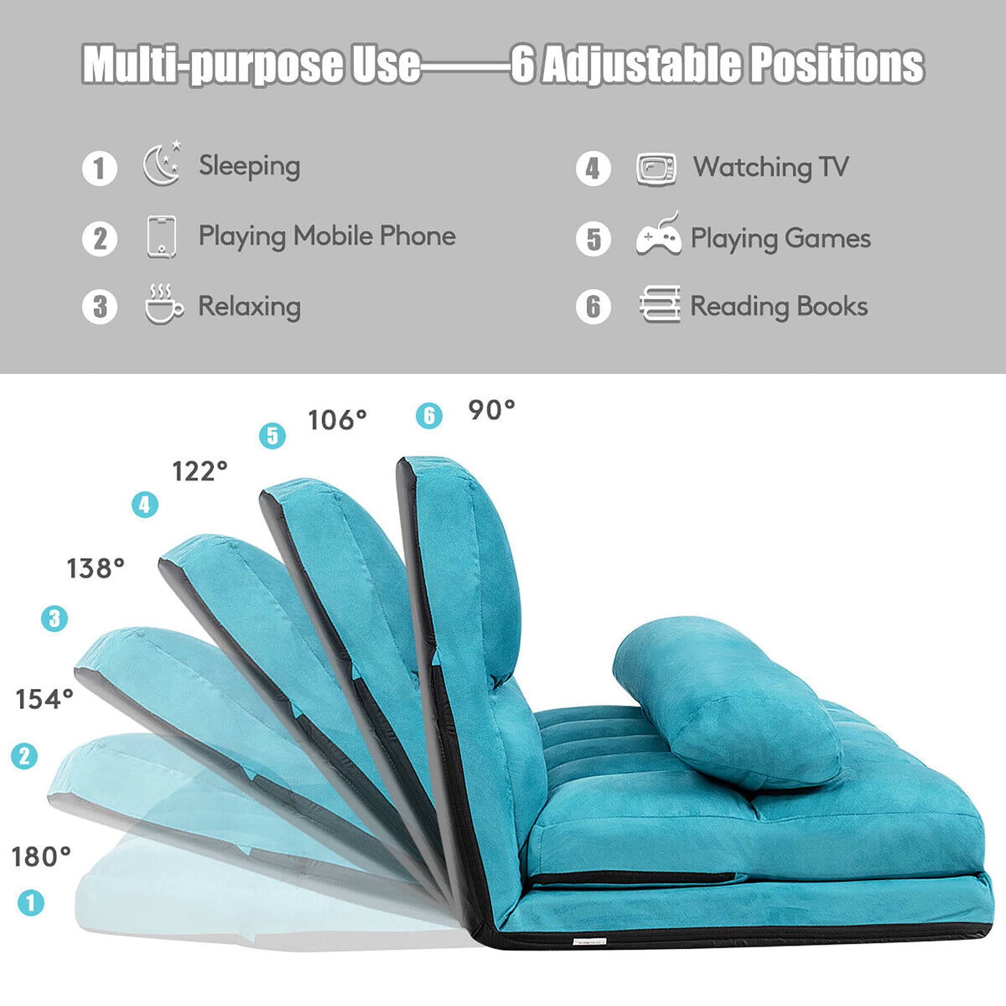 Multi-purpose Use  
6 Adjustable Positions

1. Sleeping  
2. Playing Mobile Phone  
3. Relaxing  
4. Watching TV  
5. Playing Games  
6. Reading Books  

122°  
138°  
154°  
180°  
106°  
90°