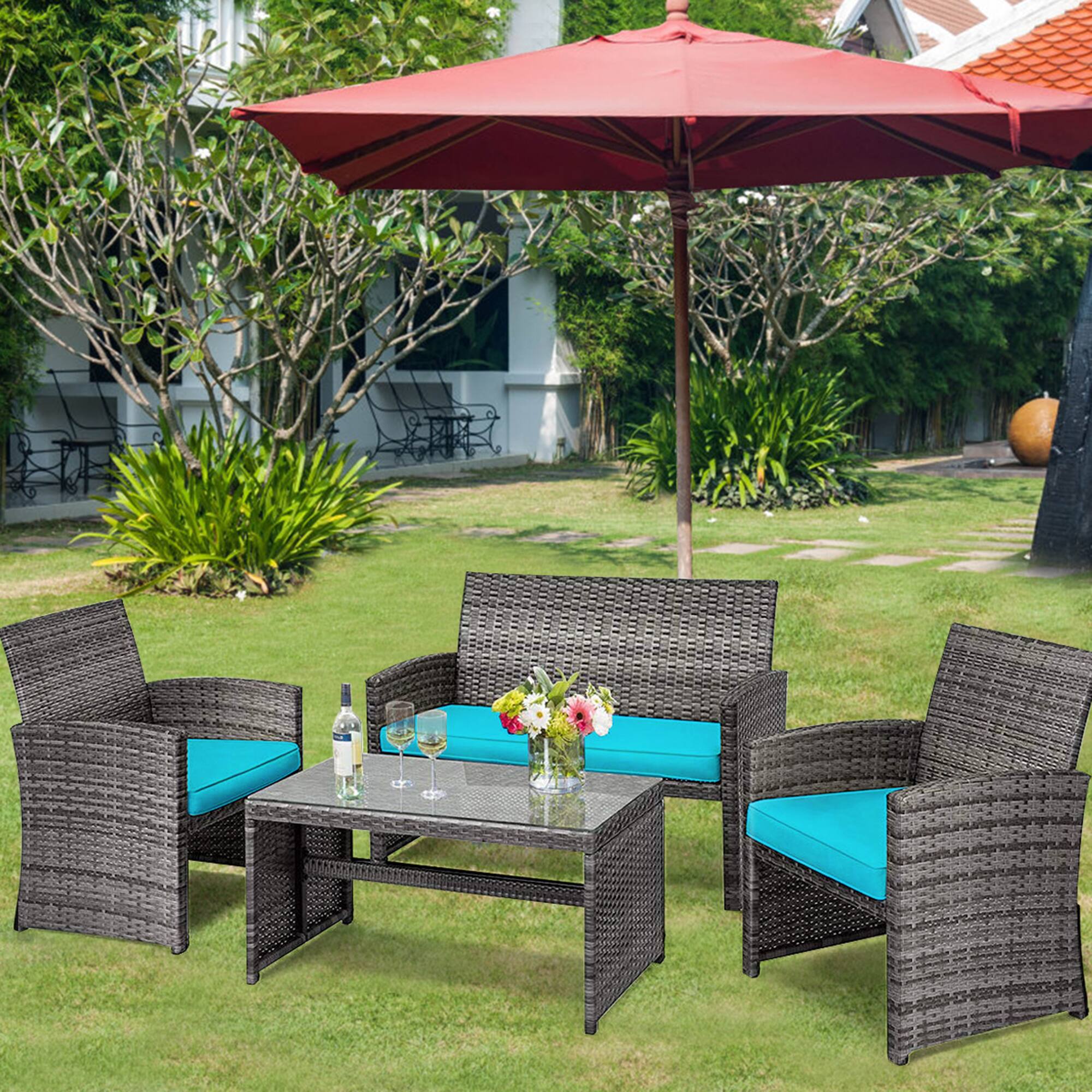 Alt View 3. Gymax - Gymax 8PCS Patio Outdoor Rattan Conversation Furniture Set w/ Turquoise Cushion - Mix Grey.