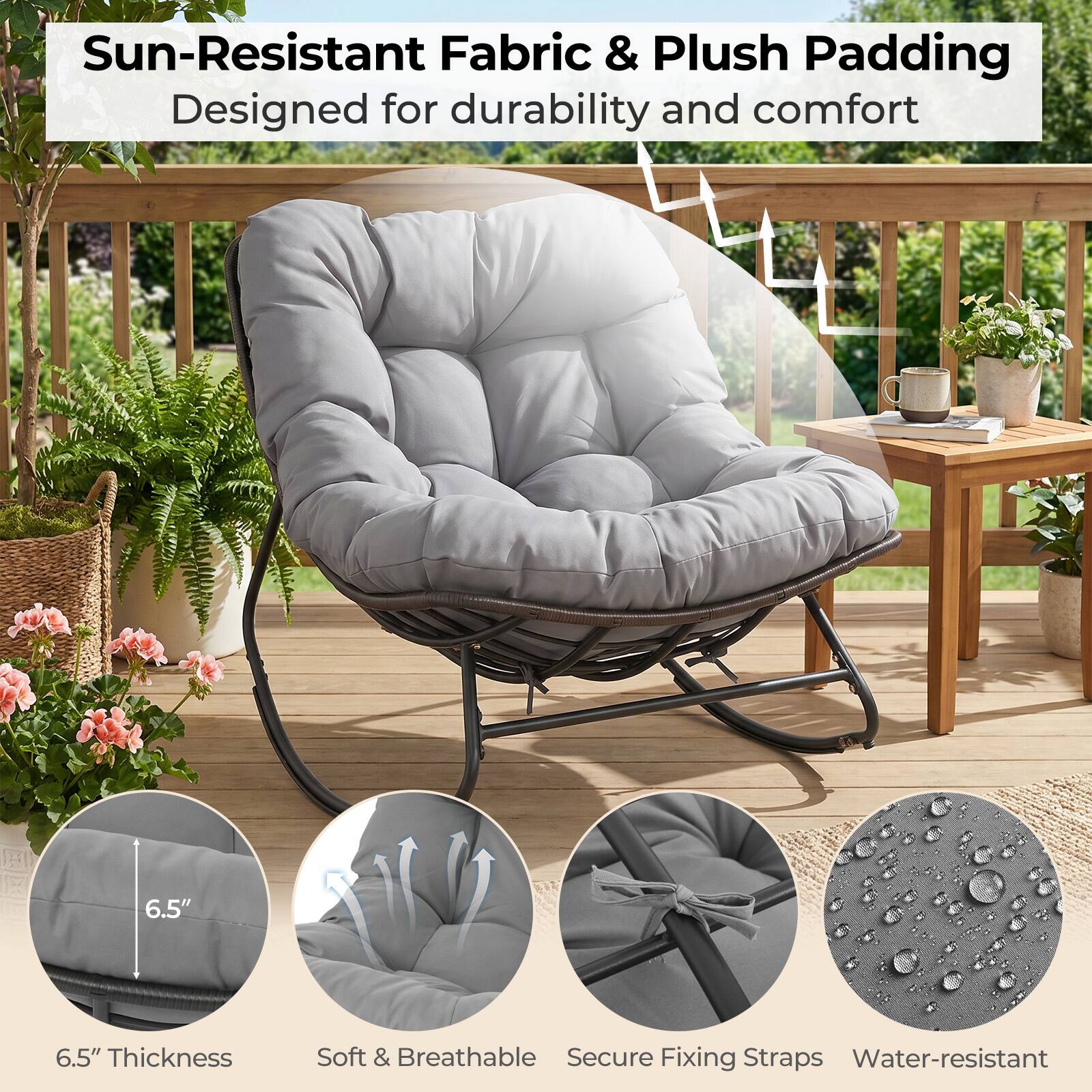 Sun-Resistant Fabric & Plush Padding  
Designed for durability and comfort  

6.5" Thickness  
Soft & Breathable  
Secure Fixing Straps  
Water-resistant