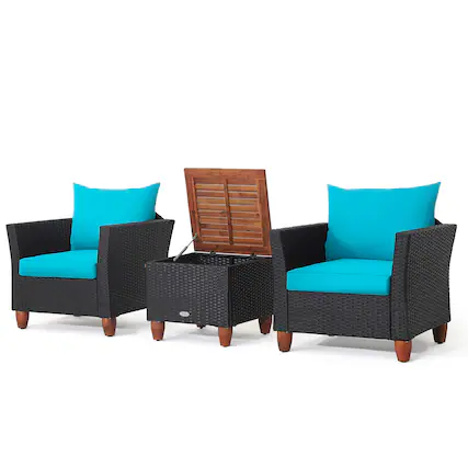 Front. Gymax - Gymax 3PCS Patio Rattan Conversation Set Outdoor Furniture Set w/ Turquoise Cushions - Turquoise.