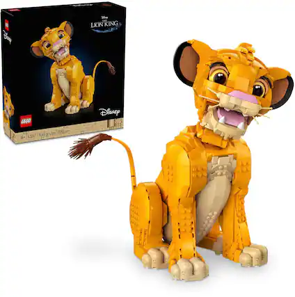 The Lion King Lego Disney set includes 1445 pieces and is recommended for ages 18+. The set features a yellow and brown lion, as well as a box with a picture of the lion on it.