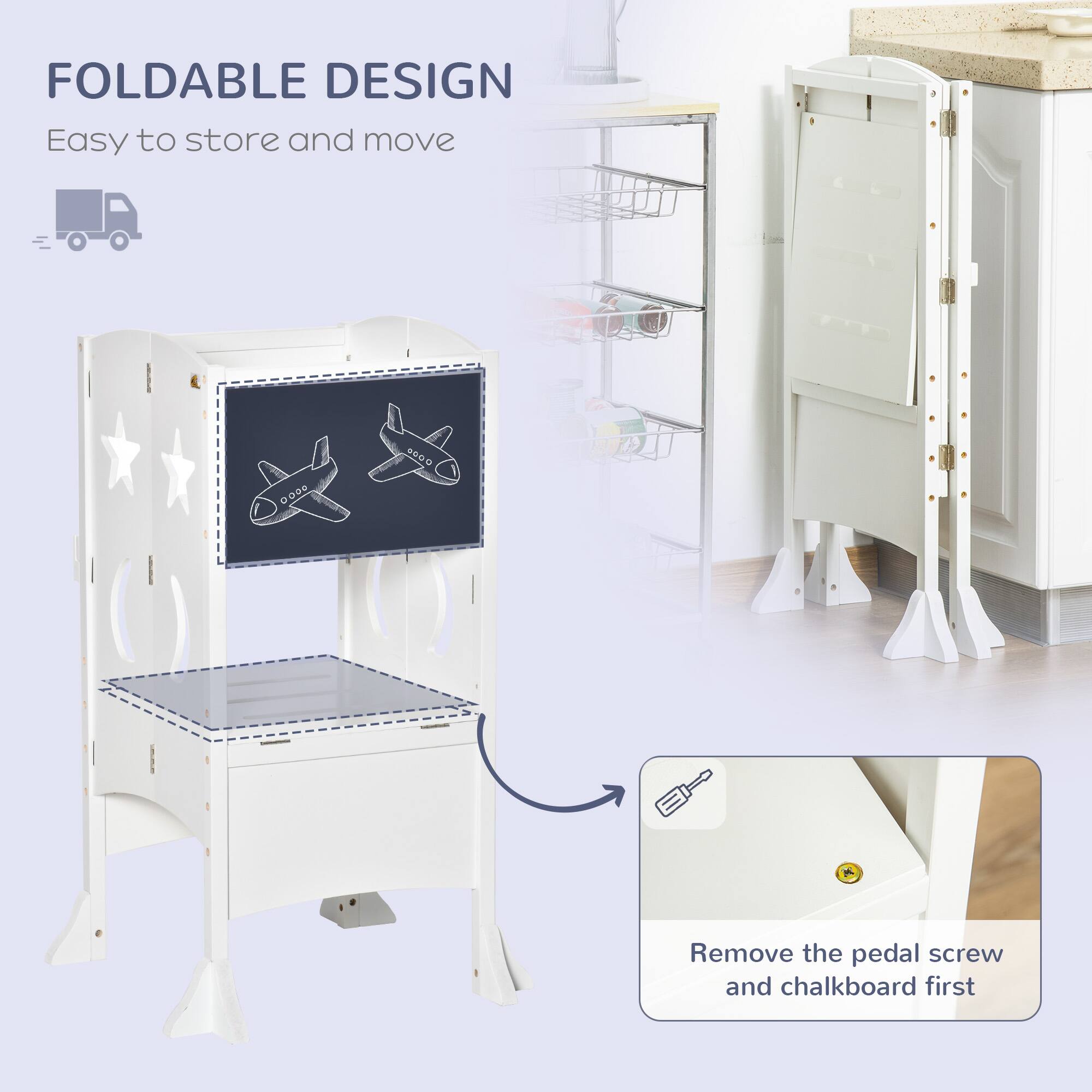 FOLDABLE DESIGN  
Easy to store and move  

Remove the pedal screw and chalkboard first