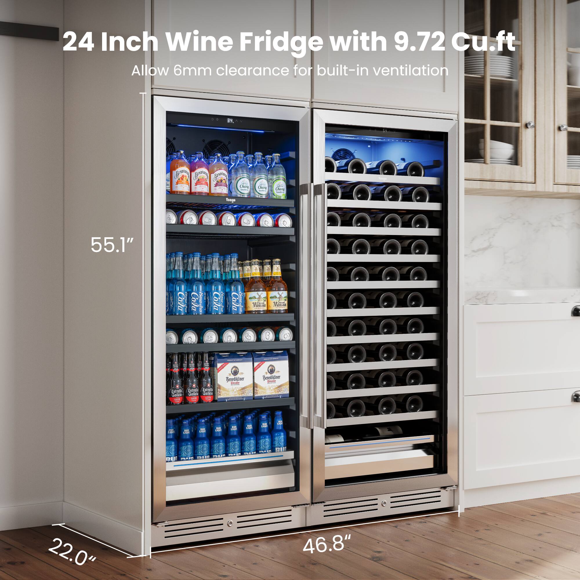 24 Inch Wine Fridge with 9.72 Cu.ft  
Allow 6mm clearance for built-in ventilation  

55.1"  
46.8"  
22.0"