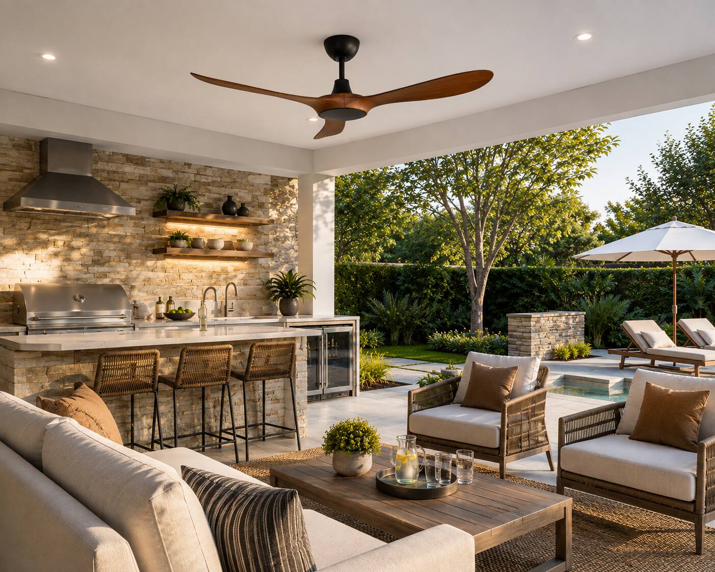 Left. ENLIGHT - 56" Smart Ceiling Fan, IP66 Outdoor & Coastal, Weather Resist, Efficient & Quiet DC Motor, Reverse Mode, Matter, 3 Blade - Teak Woodgrain.