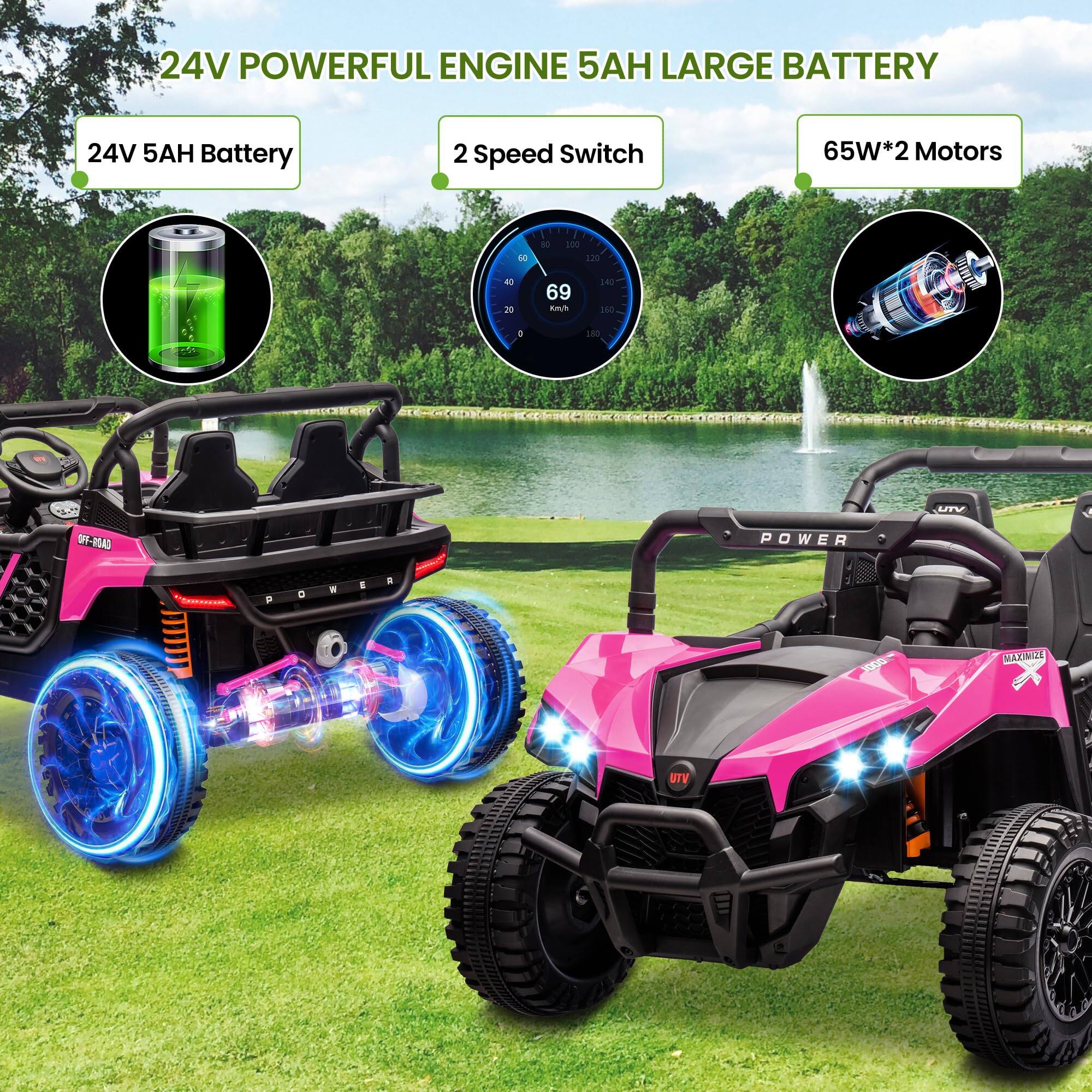 24V POWERFUL ENGINE 5AH LARGE BATTERY

- 24V 5AH Battery
- 2 Speed Switch
- 65W*2 Motors

69 km/h

POWER

UTV