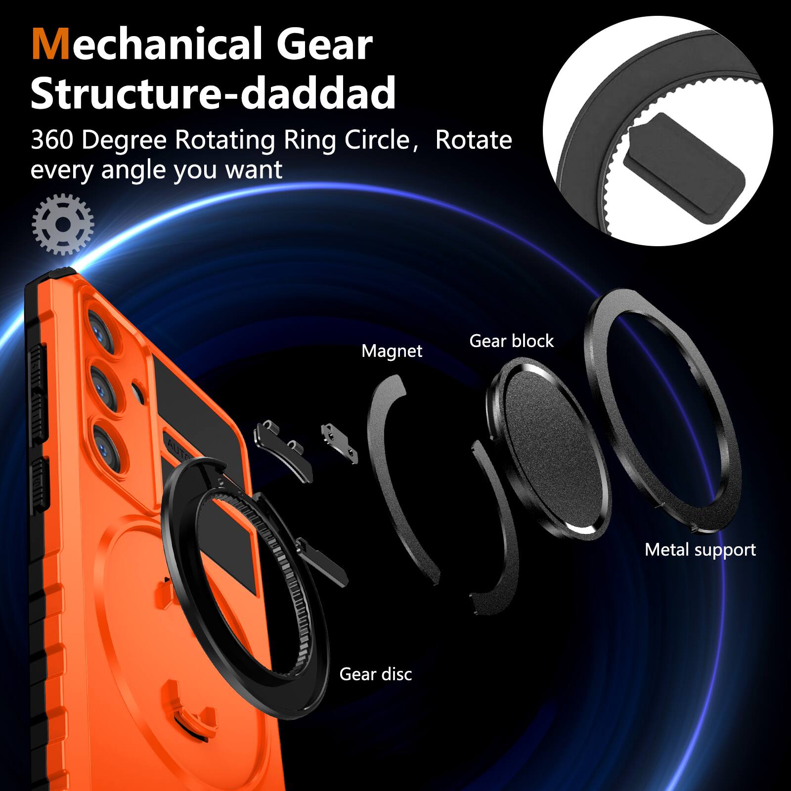 Mechanical Gear Structure-daddad  
360 Degree Rotating Ring Circle, Rotate every angle you want  

- Magnet  
- Gear block  
- Metal support  
- Gear disc