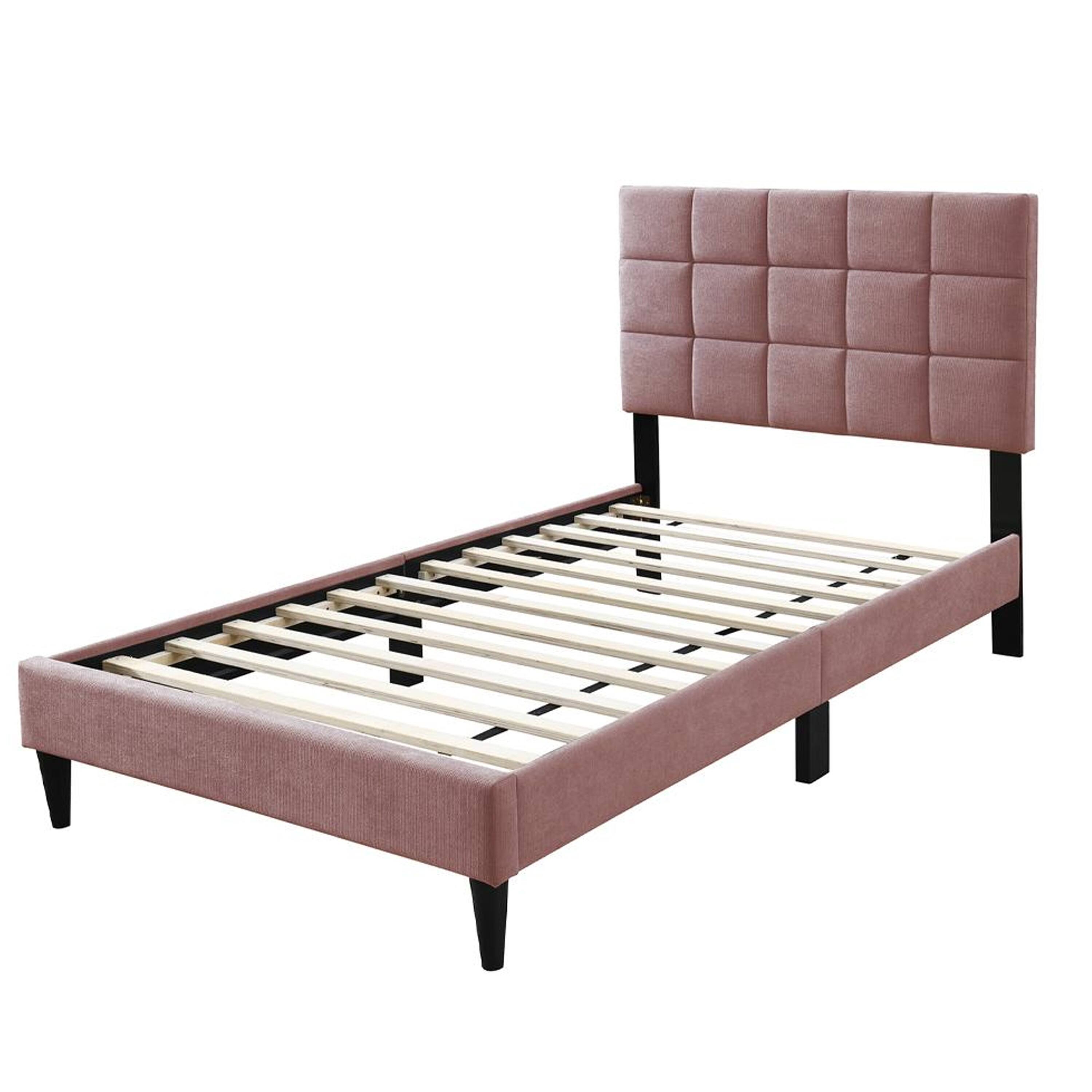 Angle. Manhattan Lane - Lilian Full Bed, Tufted Pink Linen Upholstery, Biscuit Tufted Stitch - Pink, Black.