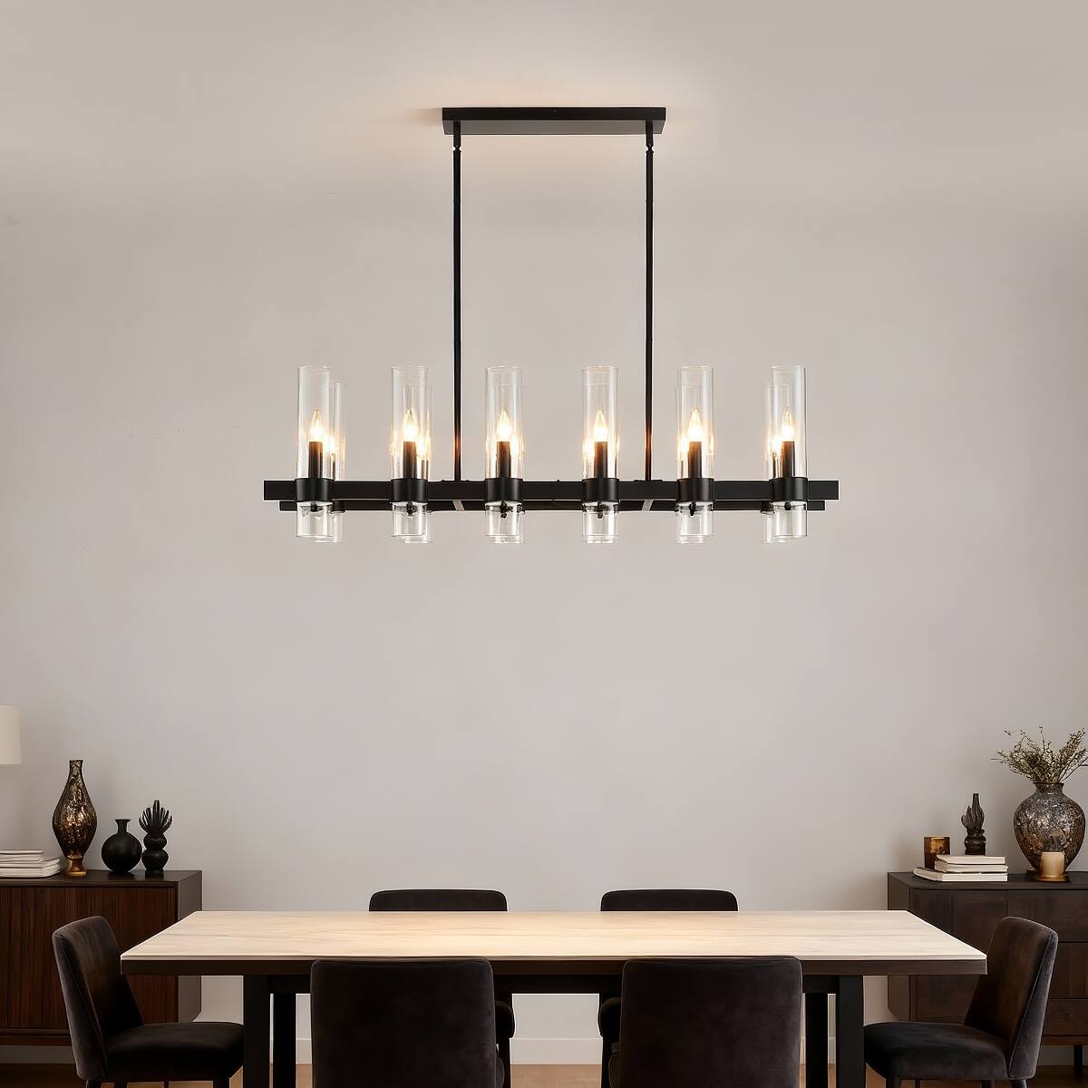 Alt View 8. Loheer - Loheer Modern Farmhouse Chandelier with Clear Glass Shades, Matte Black Linear Pendant for Dining Room or Kitchen Island.