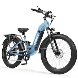 Eskute - 26" Step-Thru Fat Tire Electric Bike, 1500W Peak Motor, 80-Mile Range, Full Suspension - Blue