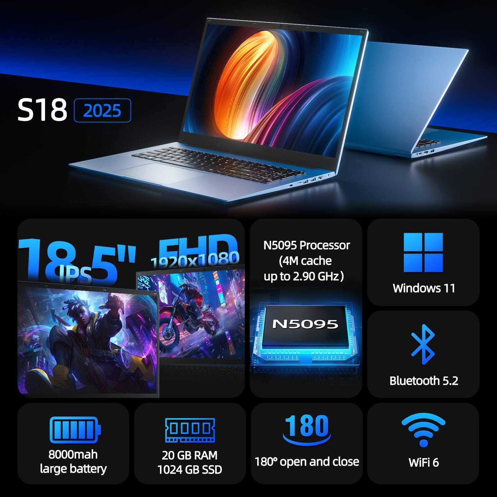 S18 2025  
N5095 Processor  
18.5" 1920x1080 IPS  
(4M cache up to 2.90 GHz)  
Windows 11  
Bluetooth 5.2  
8000mAh large battery  
20 GB RAM  
1024 GB SSD  
180° open and close  
WiFi 6