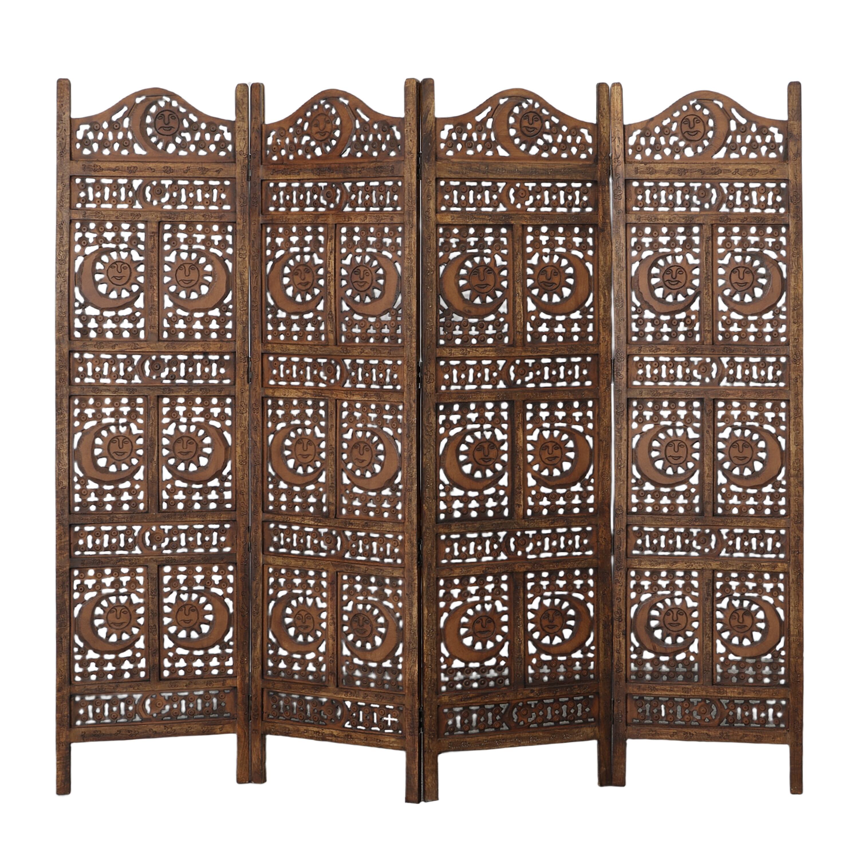 Angle. Manhattan Lane - 71 Inch 4 Panel Mango Wood Room Divider, Hand Carved, Sun & Moon Design - Brown.