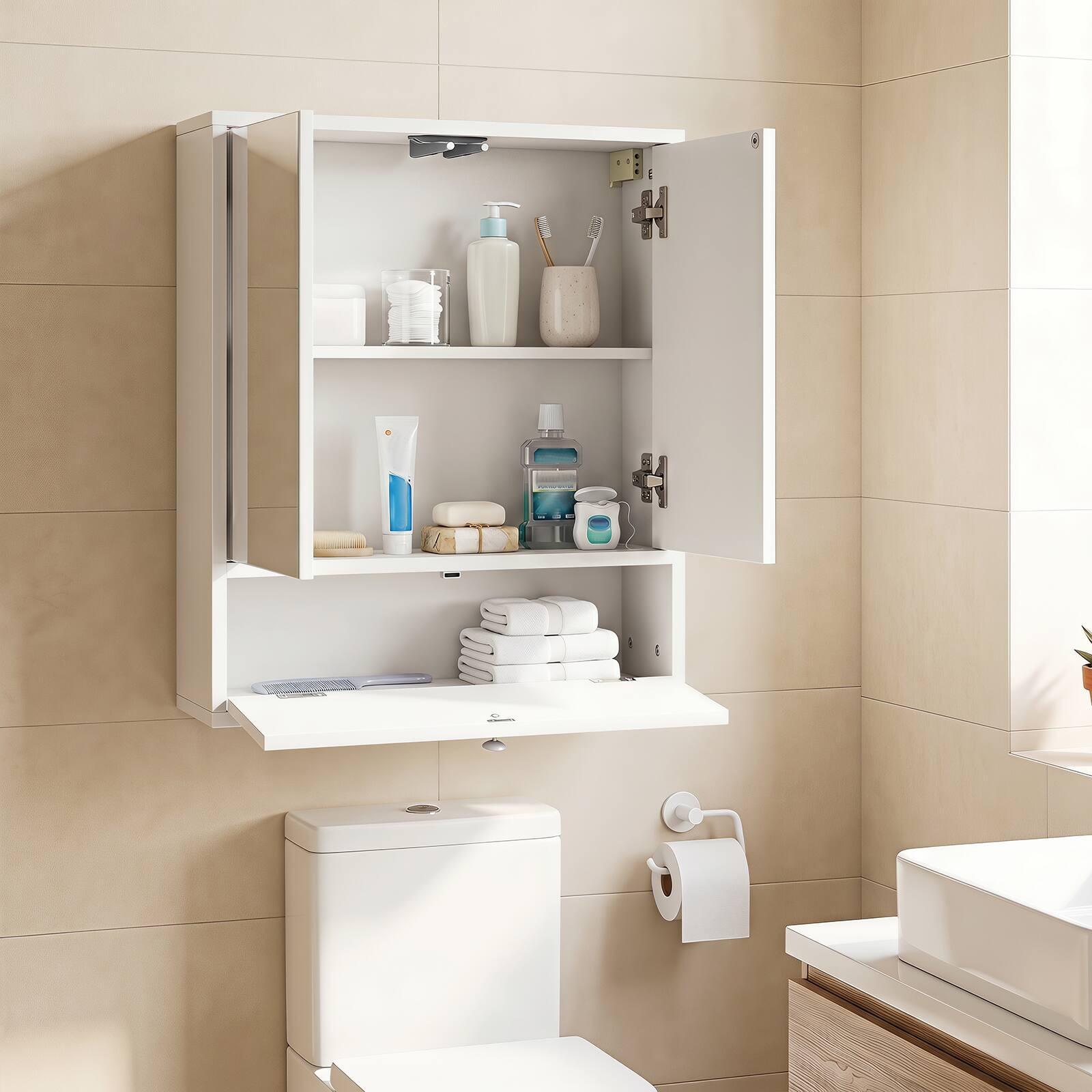 Alt View 1. Costway - Costway Bathroom Cabinet Medicine Cabinet Double Mirror Door Wall Mount Storage Wood Shelf White - White.