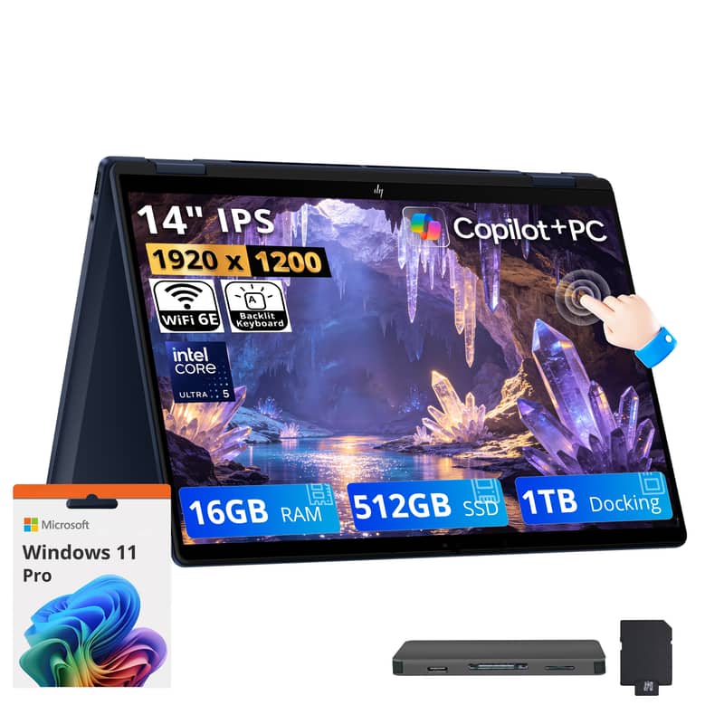 HP - Upgraded - OmniBook X Flip 2-in-1 14" 2K Touch Laptop,Intel Ultra 5 226V,16GB RAM,512GB SSD+1TB Dock Set,Backlit,Win 11 Pro - Blue