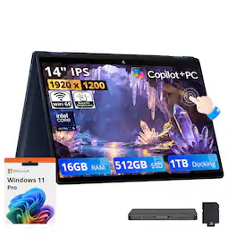 HP - Upgraded - OmniBook X Flip 2-in-1 14" 2K Touch Laptop,Intel Ultra 5 226V,16GB RAM,512GB SSD+1TB Dock Set,Backlit,Win 11 Pro - Blue
