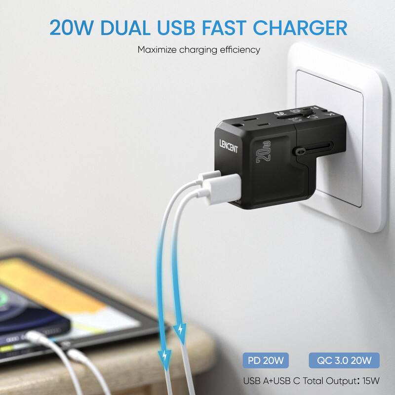 20W DUAL USB FAST CHARGER  
Maximize charging efficiency  

LENCENT  
20W  
PD 20W  
QC 3.0 20W  
USB A+USB C Total Output: 15W