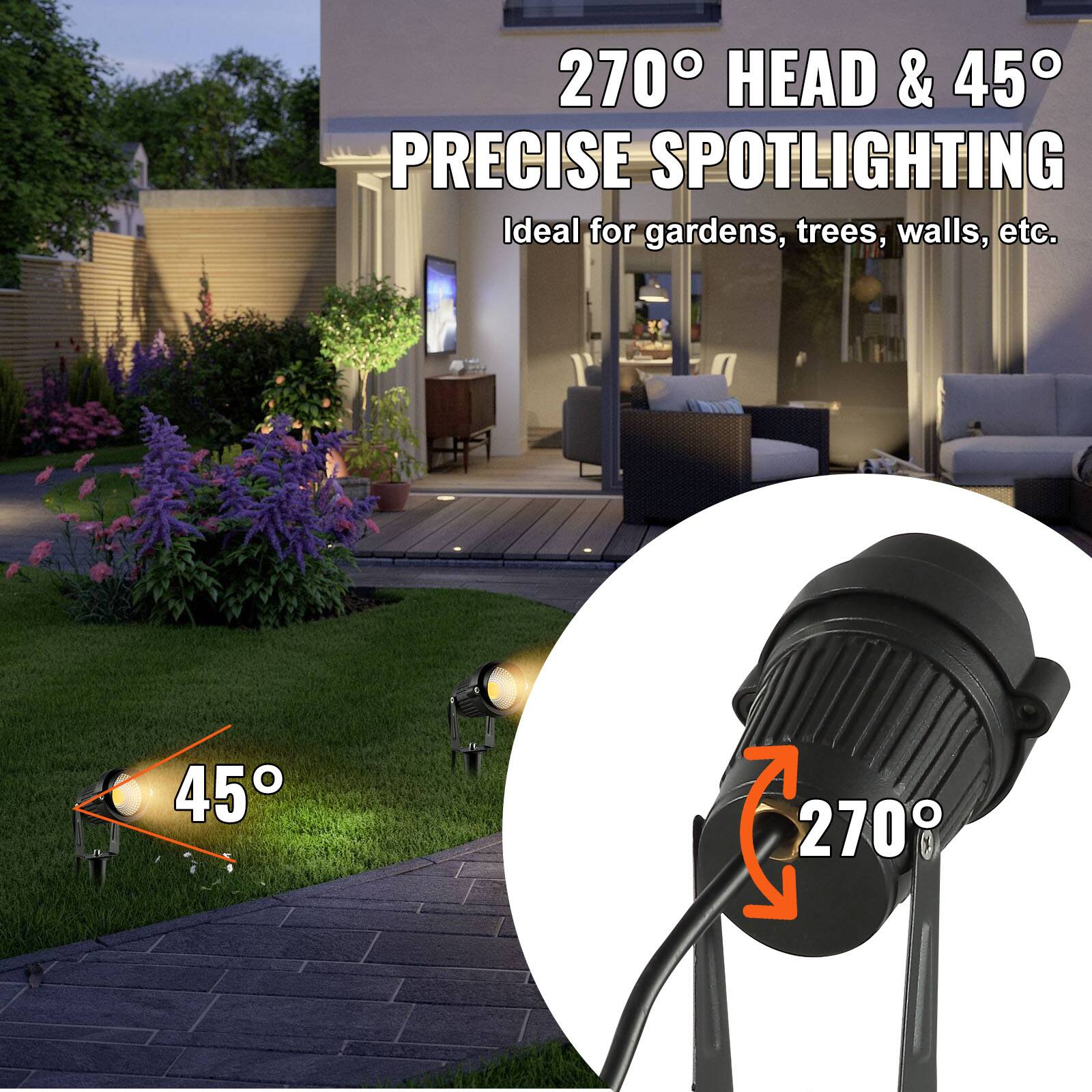 270° HEAD & 45° PRECISE SPOTLIGHTING  
Ideal for gardens, trees, walls, etc.  

45°  
270°