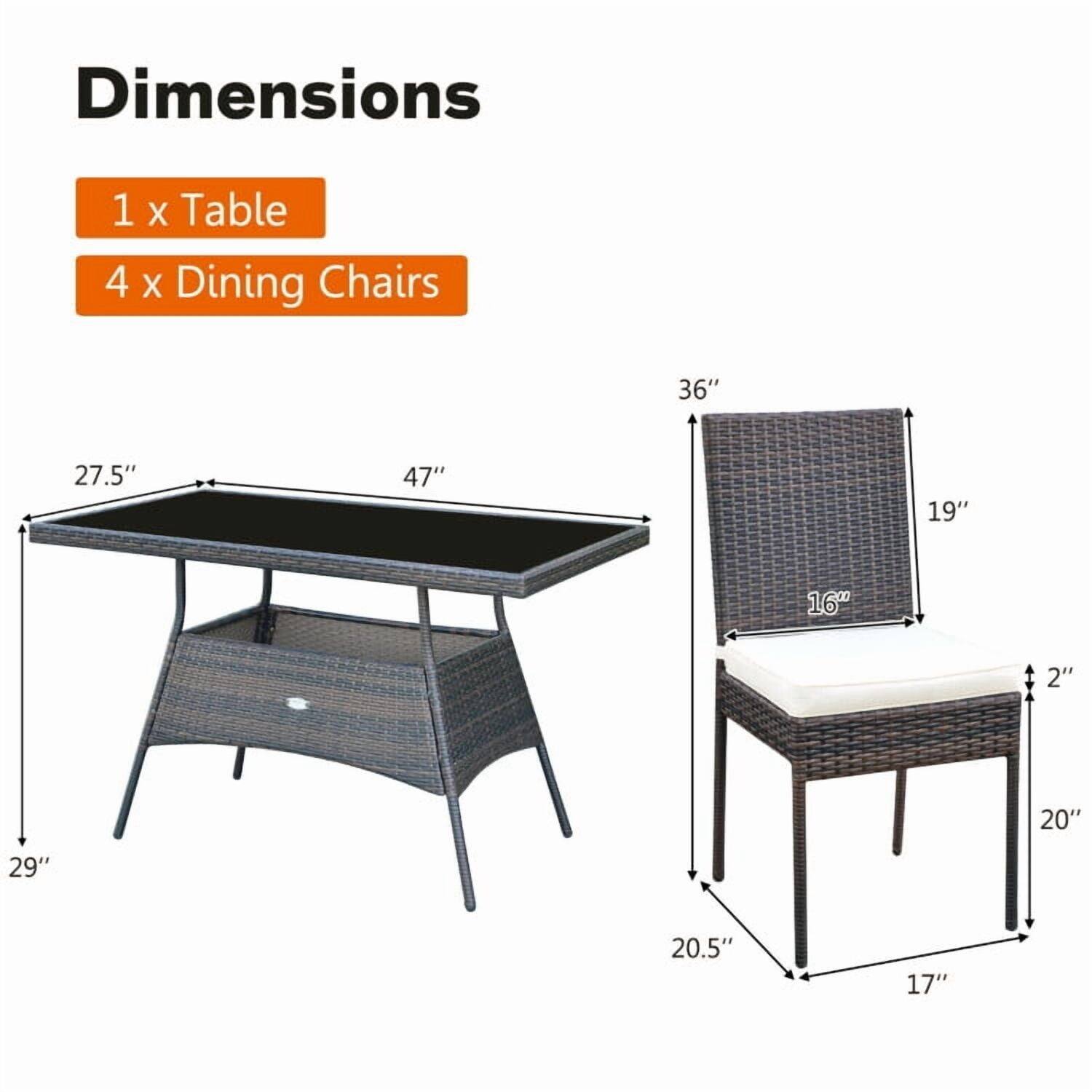 Dimensions  
1 x Table  
4 x Dining Chairs  

Table:  
- Length: 47"  
- Width: 27.5"  
- Height: 29"  

Chair:  
- Height: 36"  
- Width: 19"  
- Depth: 20.5"  
- Seat Height: 17"  
- Seat Depth: 20"  
- Back Height: 16"  
- Armrest Height: 2"