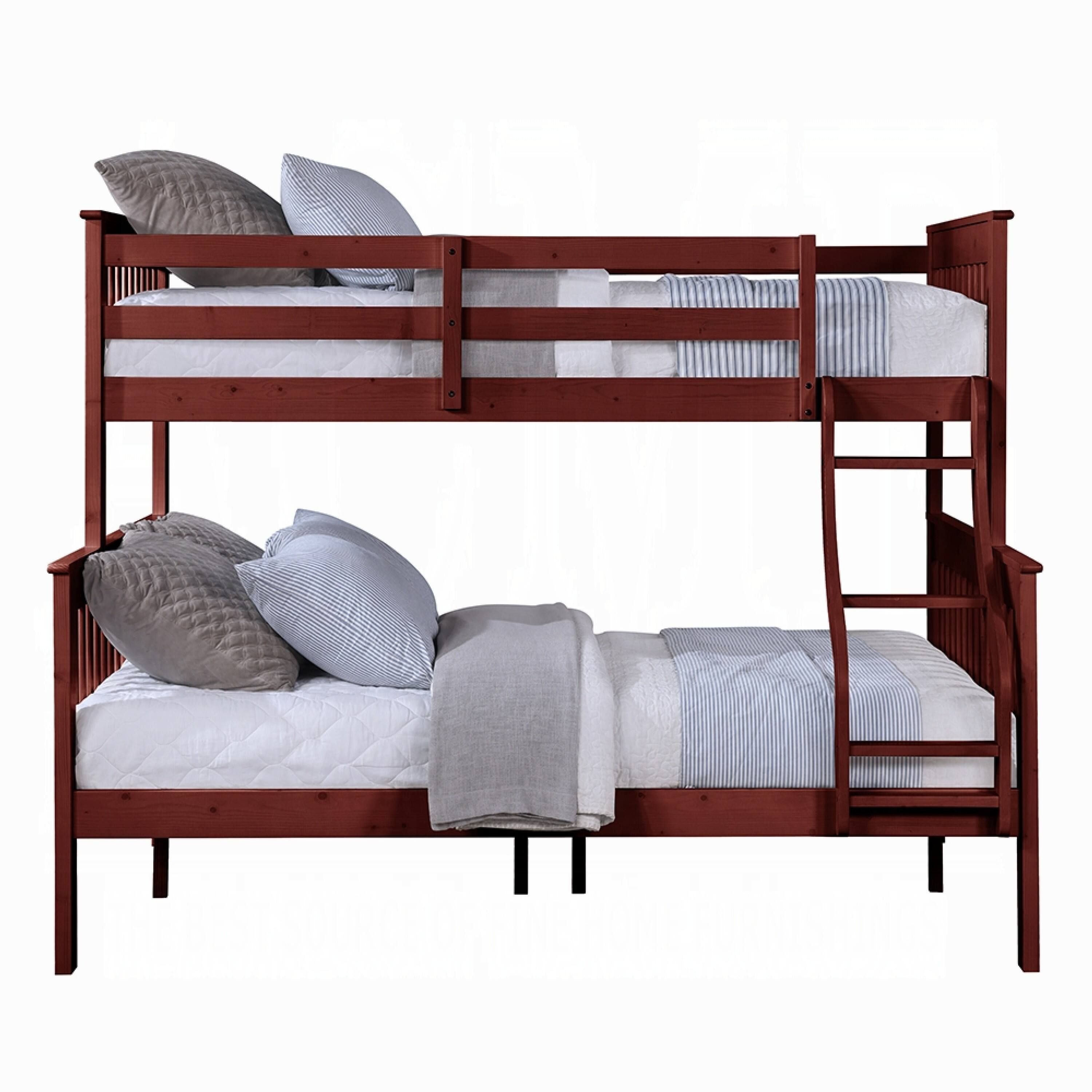 Alt View 1. Manhattan Lane - Rita Twin over Full Bunk Bed, Slatted Frame, Fixed Ladder - Cherry Brown.