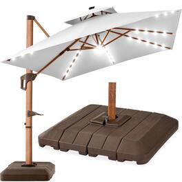 Best Choice Products - 10ft Square Woodgrain Pattern 2-Tier Outdoor Solar LED Cantilever Umbrella w/ Base - Fog Gray