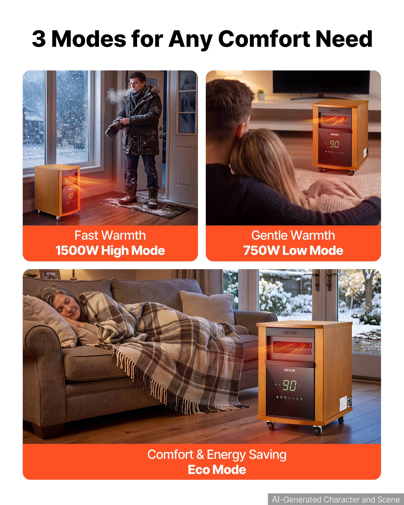 3 Modes for Any Comfort Need

VEVOR

Fast Warmth 1500W High Mode

Gentle Warmth 750W Low Mode

VEVOR 90

Comfort & Energy Saving Eco Mode

AI-Generated Character and Scene