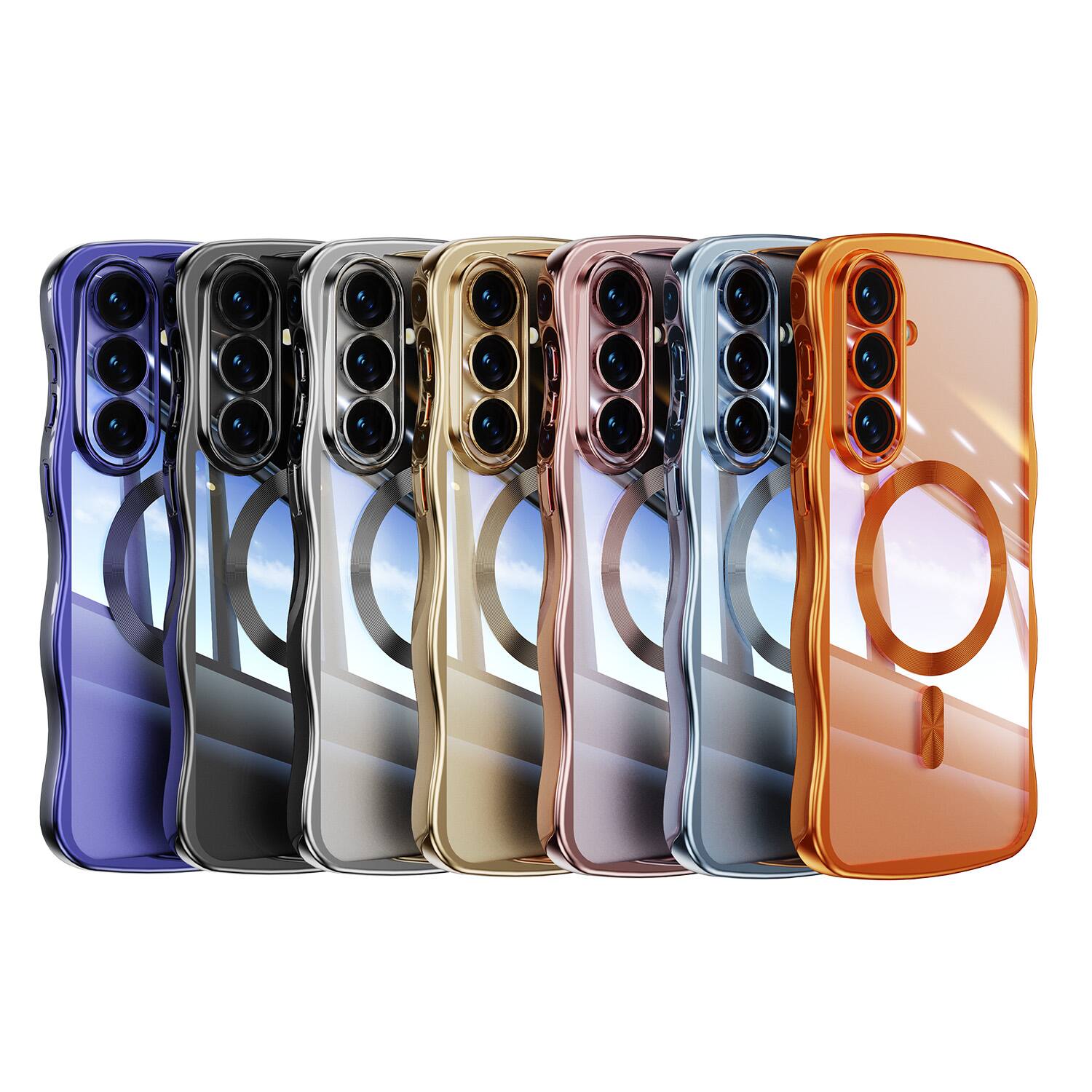 Alt View 3. Dteck - Magnetic Case Samsung Galaxy S26+ Built-in Lens Protector Shockproof Plating Curly Wavy Frame Clear Back Cover - Blue.