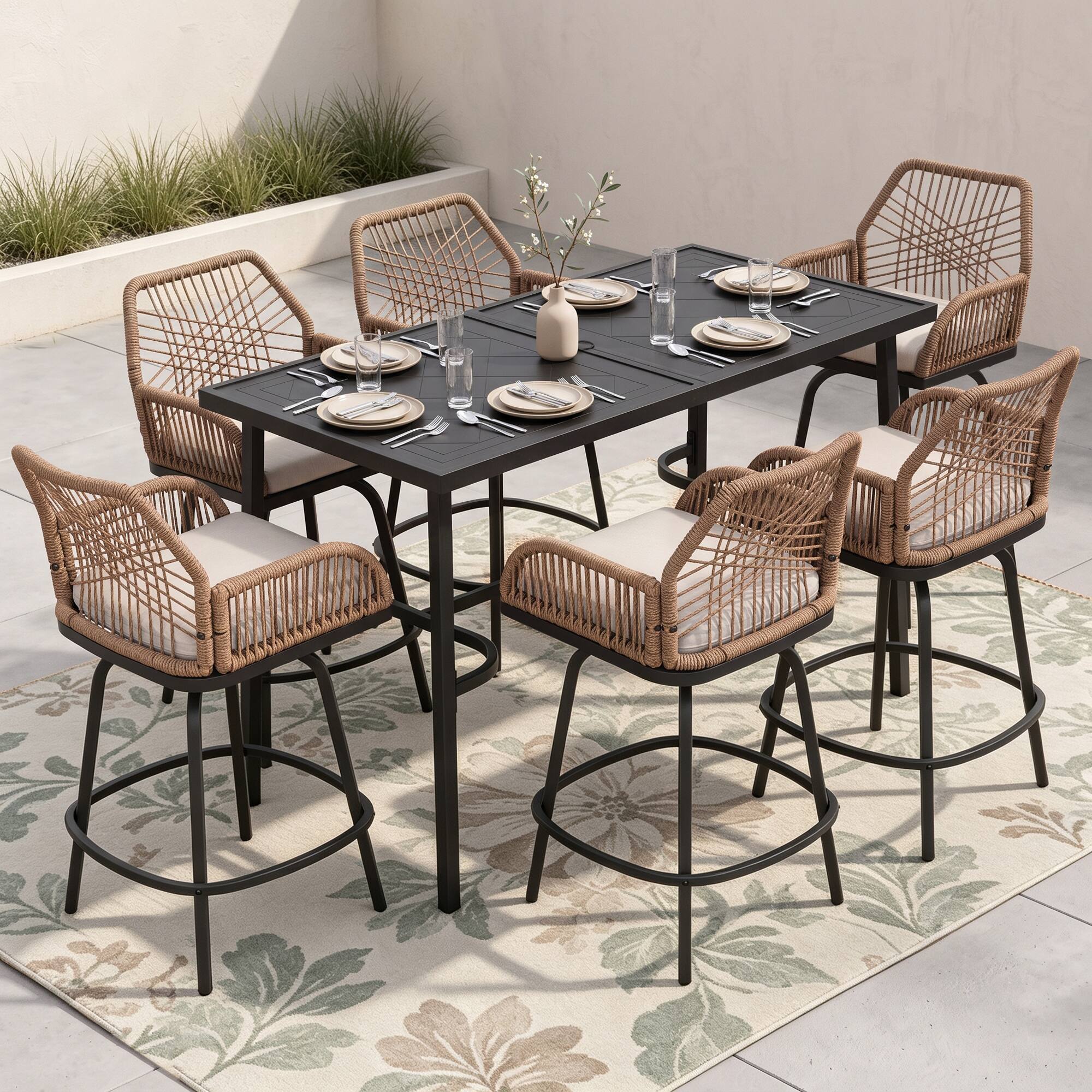 Back. Nuu Garden - 7-Piece Outdoor Bar Set, Twisted Rattan Swivel Chairs with Cushions - Brown and Black.