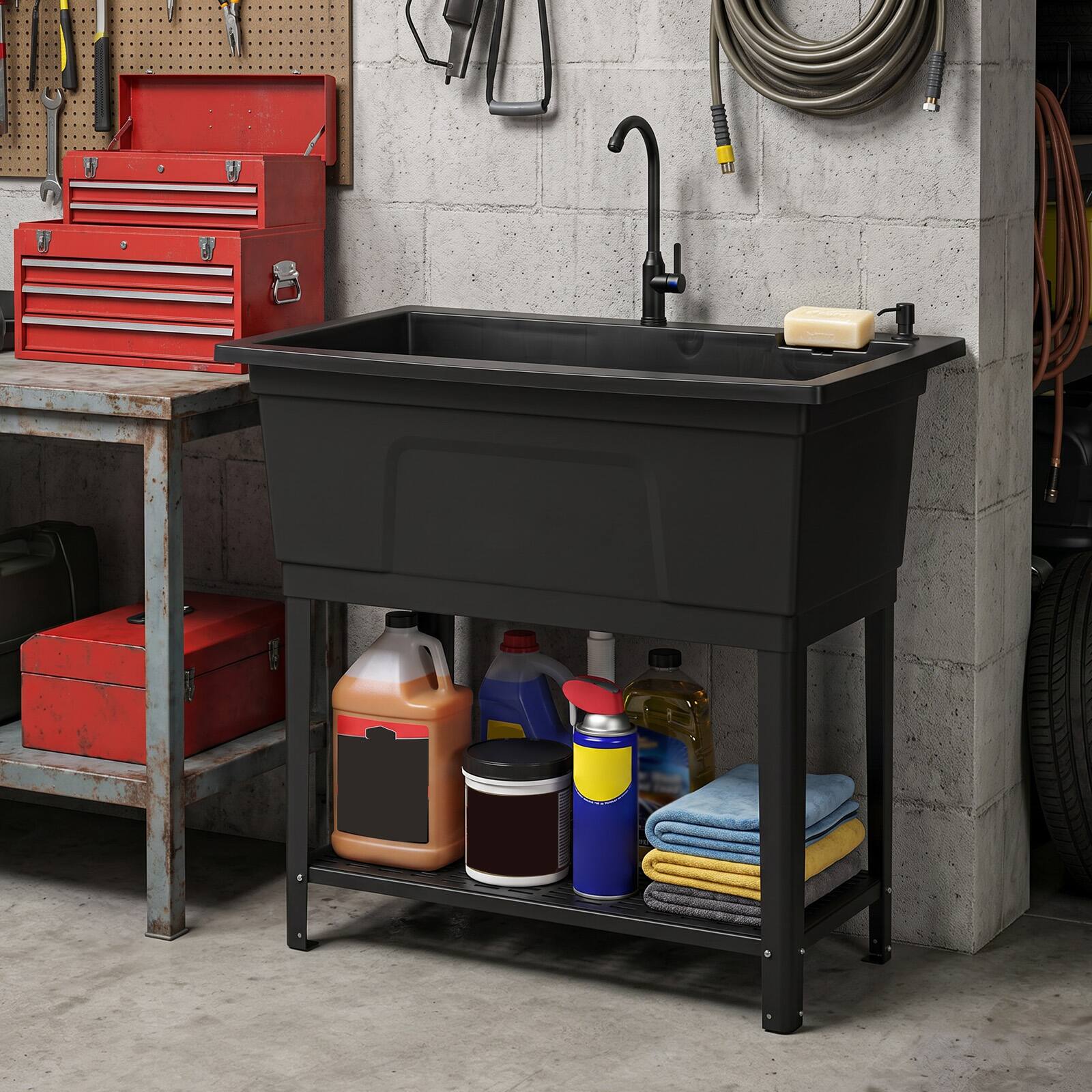 Alt View 5. Costway - Costway 26.42 gal Utility Sink, Laundry Tub with Rotating Faucet, Storage Shelf, Drip Tray - Black.
