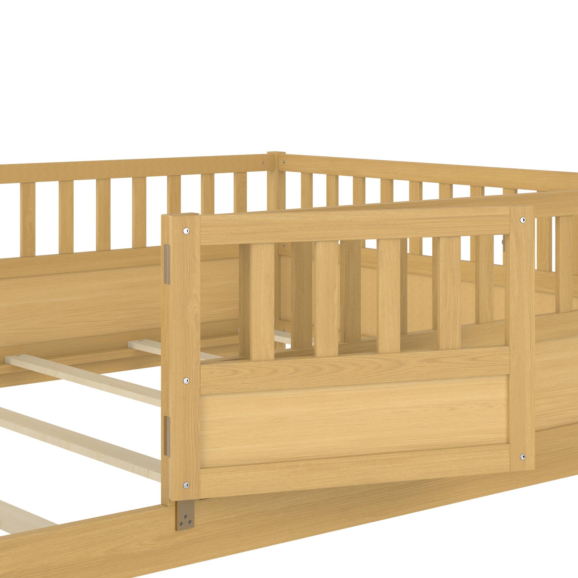 Alt View 2. GOODSILO - Full Size Floor Bed with High Security Barrier and Door for Children, Montessori Style Wooden Frame - Natural Wood.