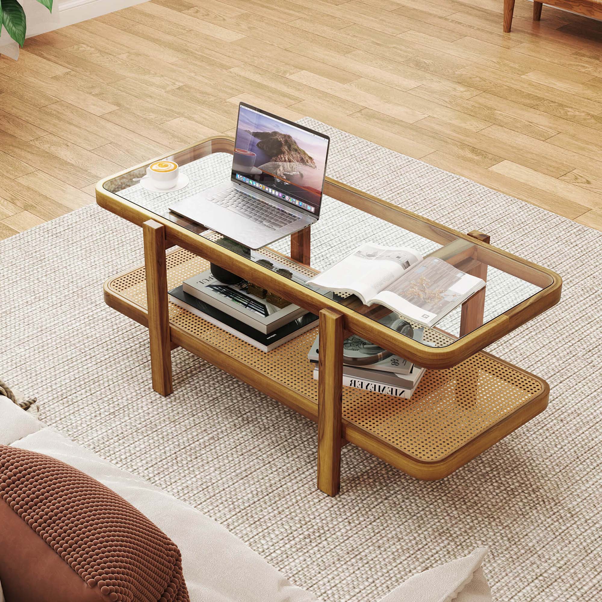 Angle. Costway - 2-Tier Rustic Coffee Table with Storage Tempered Glass Tabletop PE Rattan Shelf - Brown and Natural.
