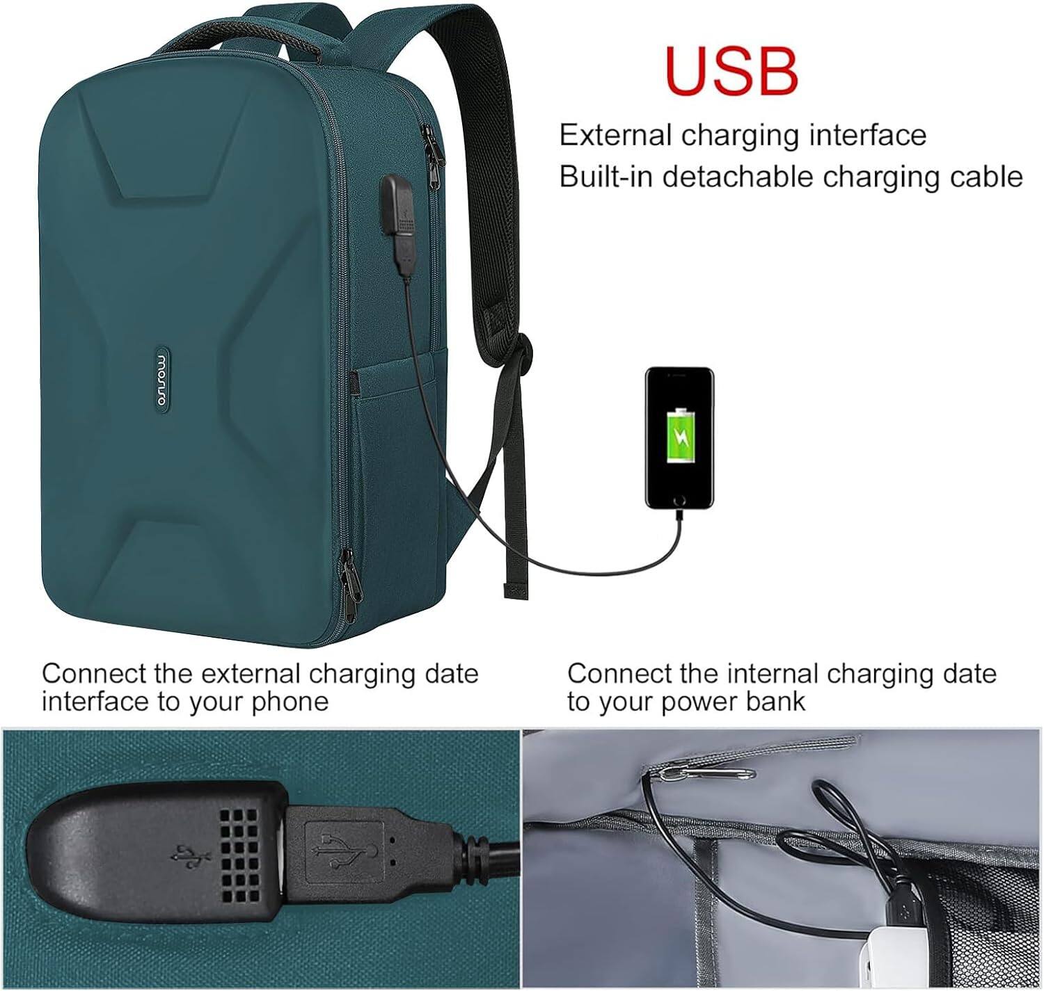 USB External charging interface Built-in detachable charging cable

Connect the external charging date interface to your phone

Connect the internal charging date to your power bank